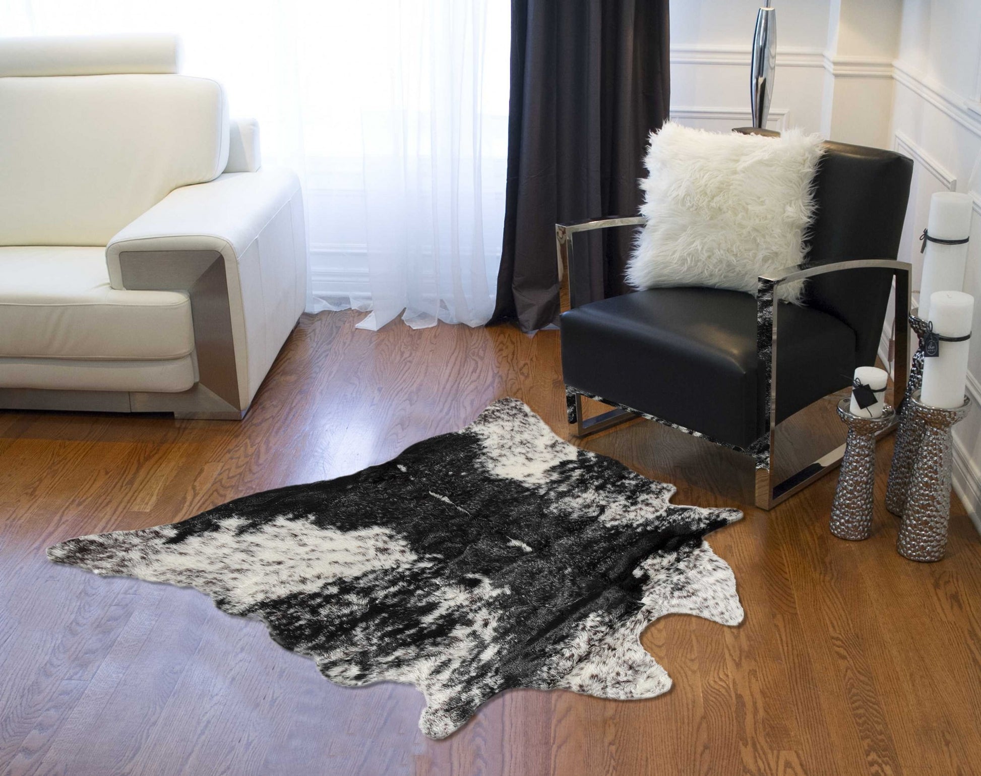 4' X 5' Black And White Faux Fur Animal Print Cowhide Washable Area Rug-Area Rugs-DECOROLALA