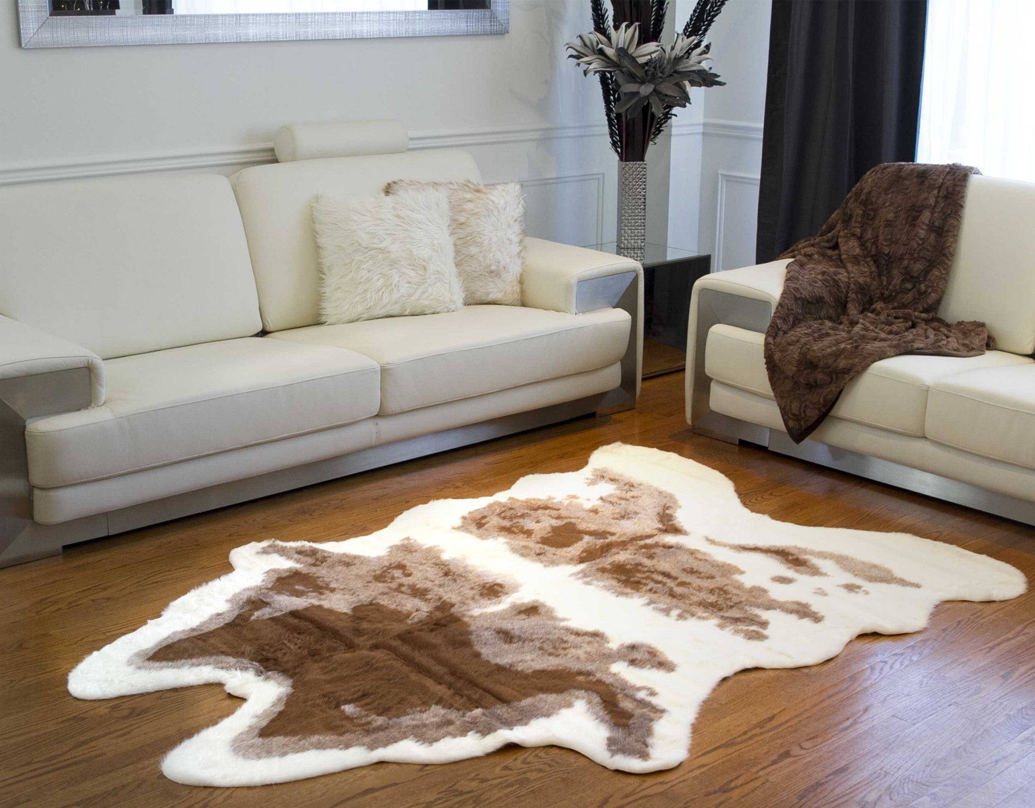 4' X 5' Brown And Ivory Faux Cowhide Animal Print Area Rug-Area Rugs-DECOROLALA