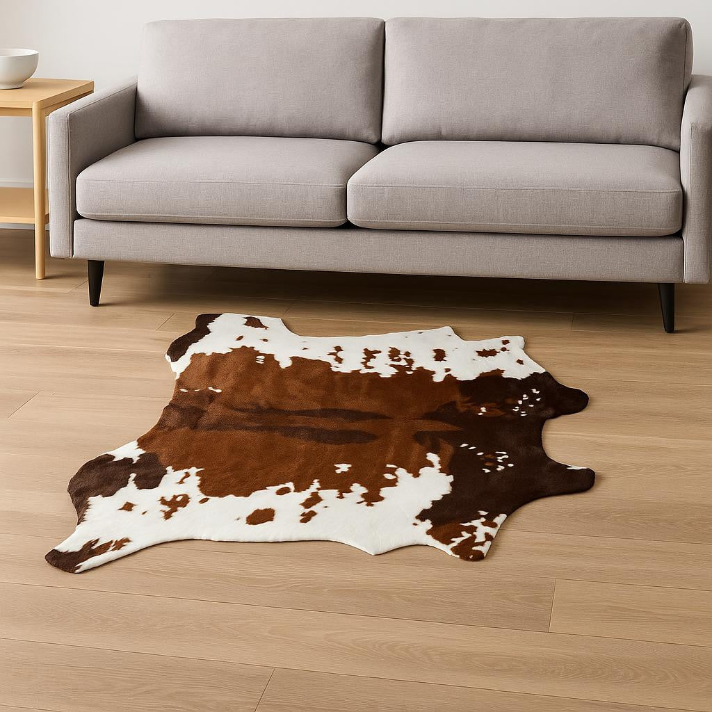 4' X 5' Brown And White Faux Fur Animal Print Washable Area Rug-Area Rugs-DECOROLALA