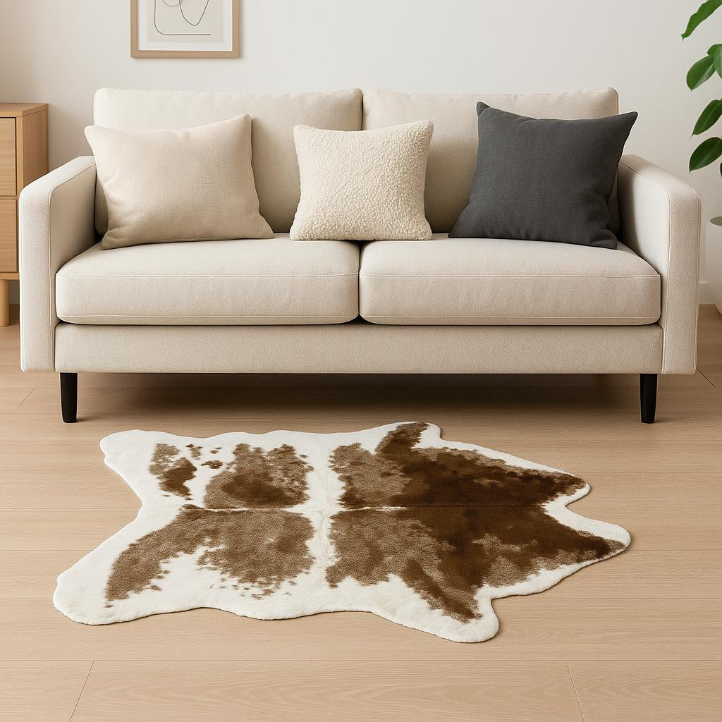 4' X 5' Brown And White Faux Fur Animal Print Washable Area Rug-Area Rugs-DECOROLALA