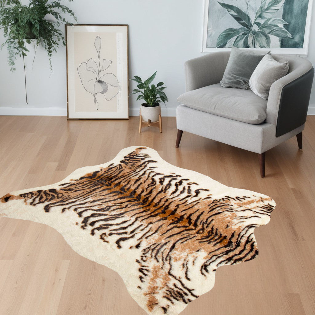 4' X 5' Brown and Black Faux Fur Tiger Print Shag Area Rug-Area Rugs-DECOROLALA