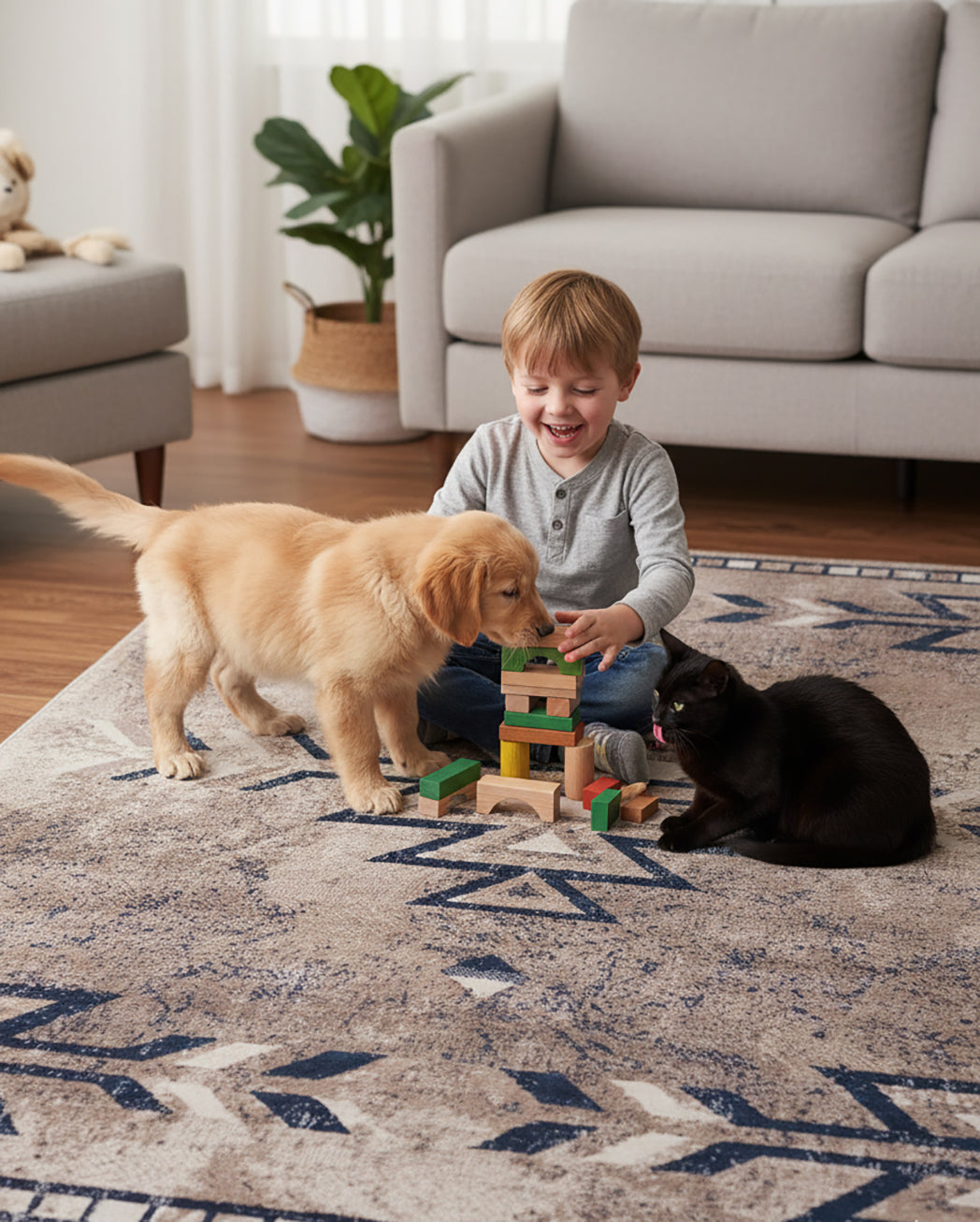 4' X 6' Beige And Blue Boho Chic Area Rug-Area Rugs-DECOROLALA