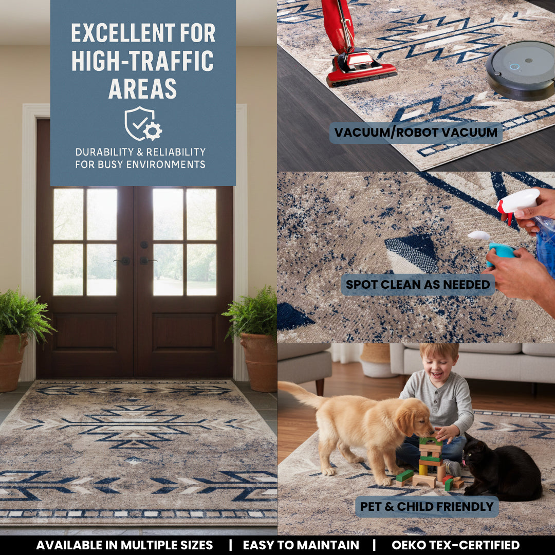 4' X 6' Beige And Blue Boho Chic Area Rug-Area Rugs-DECOROLALA