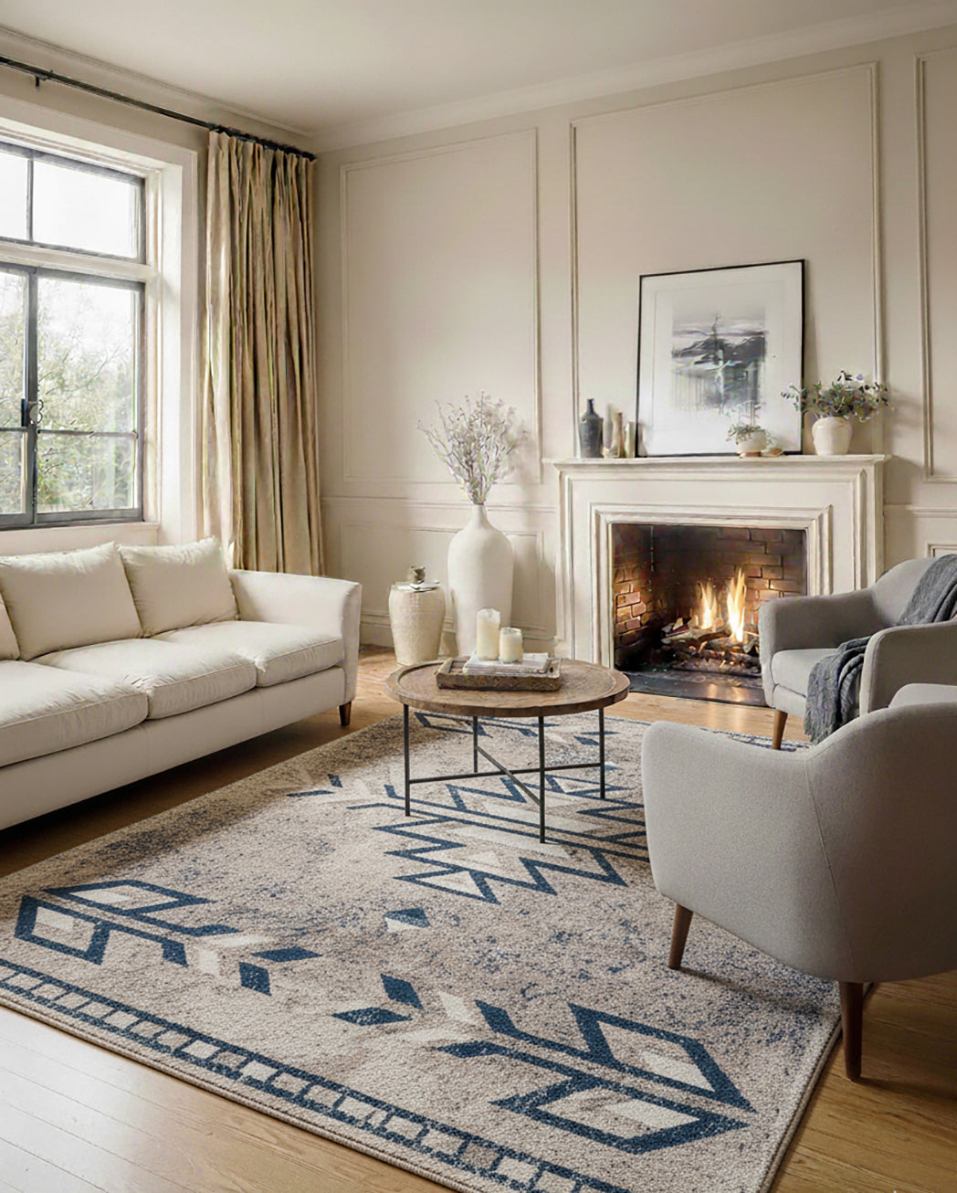 4' X 6' Beige And Blue Boho Chic Area Rug-Area Rugs-DECOROLALA