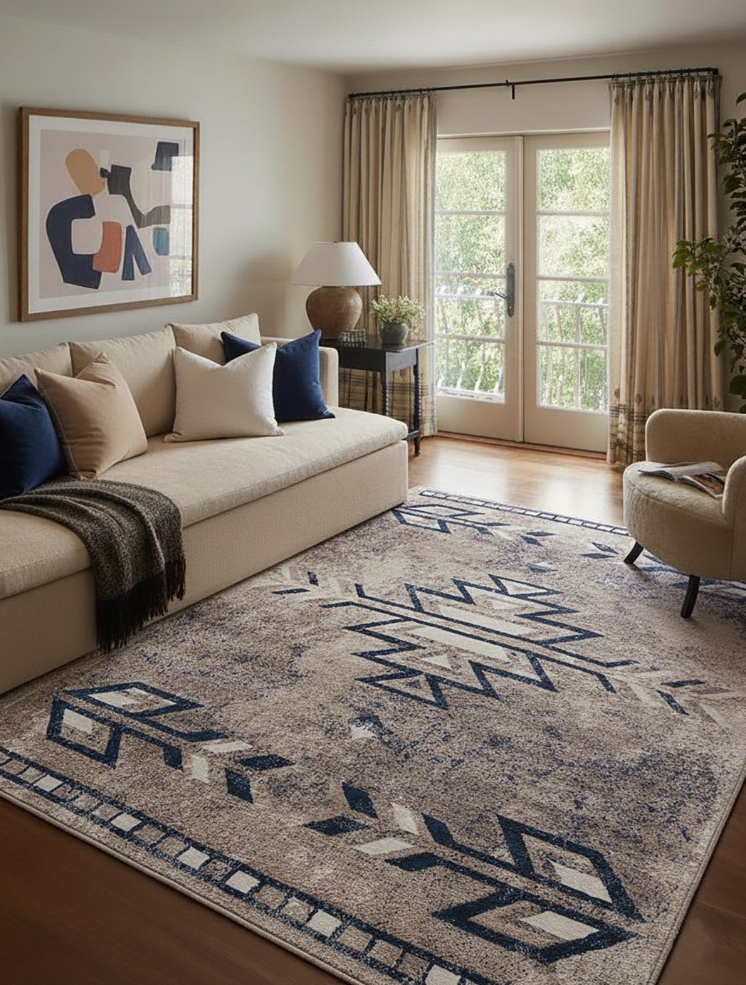 4' X 6' Beige And Blue Boho Chic Area Rug-Area Rugs-DECOROLALA
