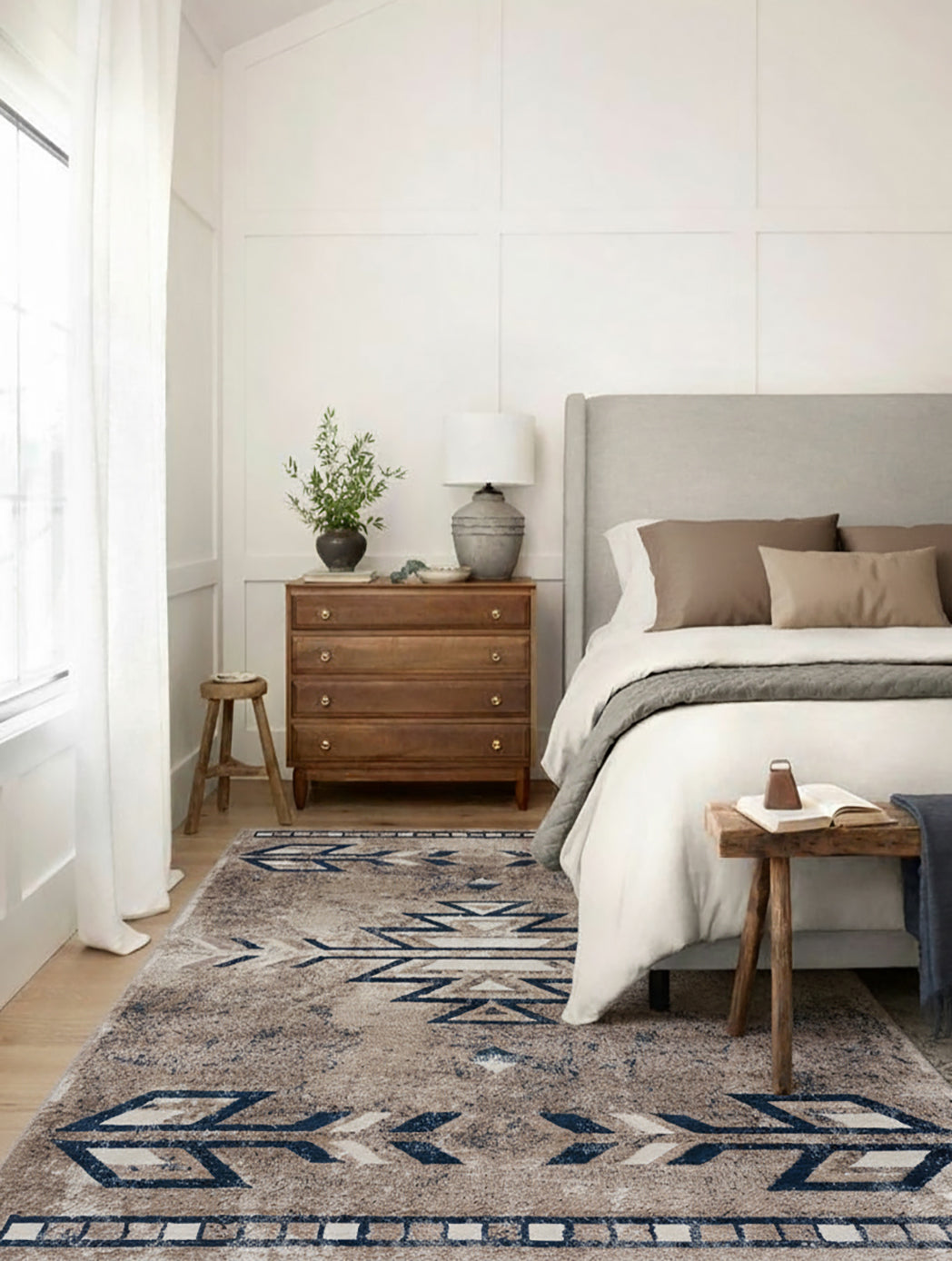 4' X 6' Beige And Blue Boho Chic Area Rug-Area Rugs-DECOROLALA