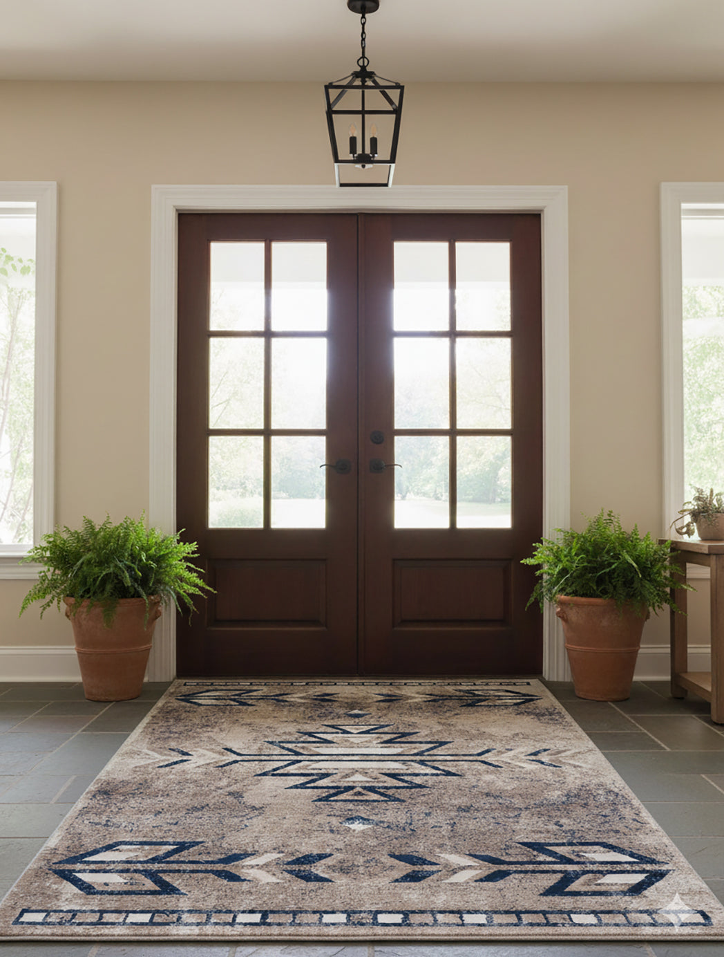 4' X 6' Beige And Blue Boho Chic Area Rug-Area Rugs-DECOROLALA