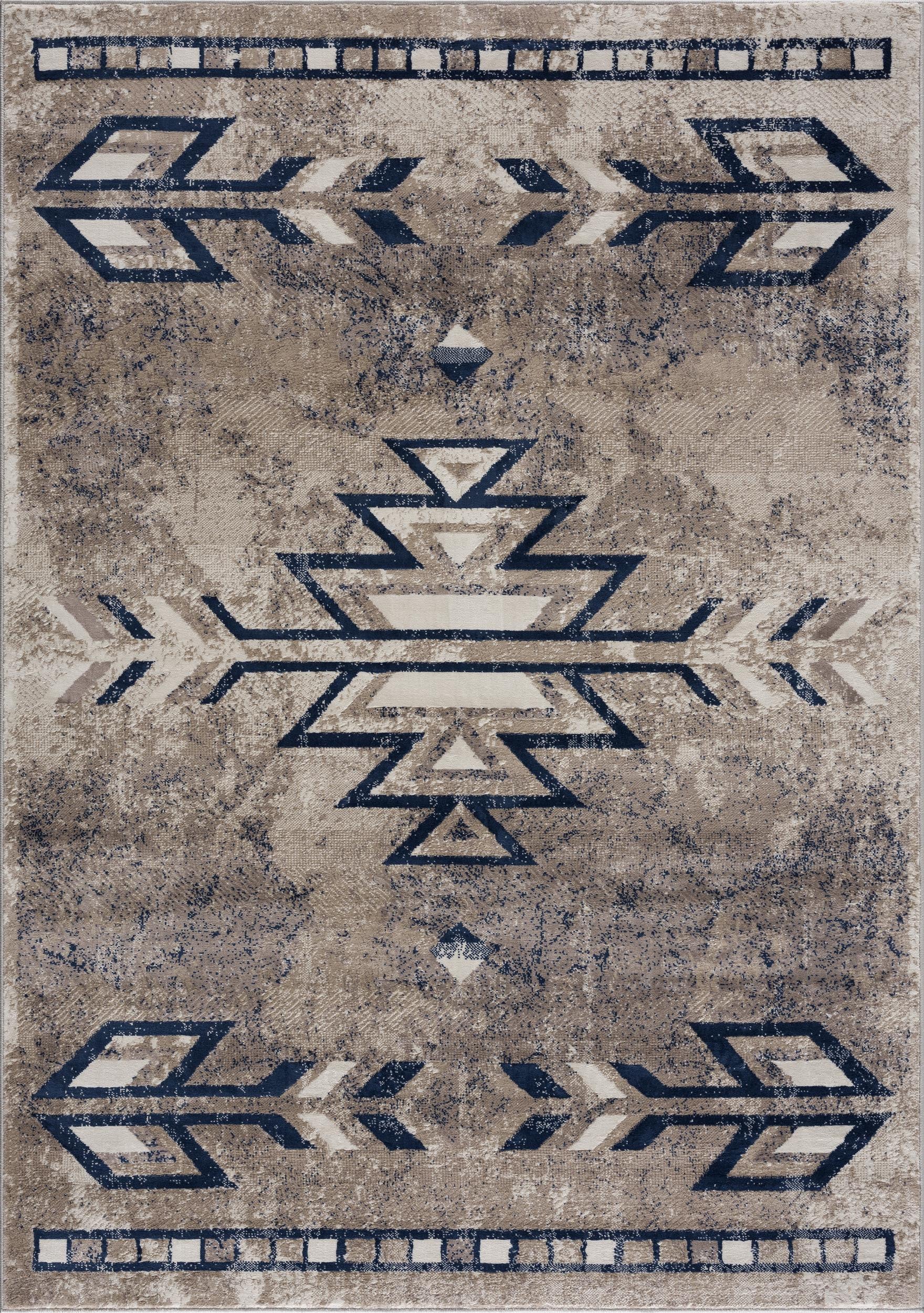 4' X 6' Beige And Blue Boho Chic Area Rug-Area Rugs-DECOROLALA