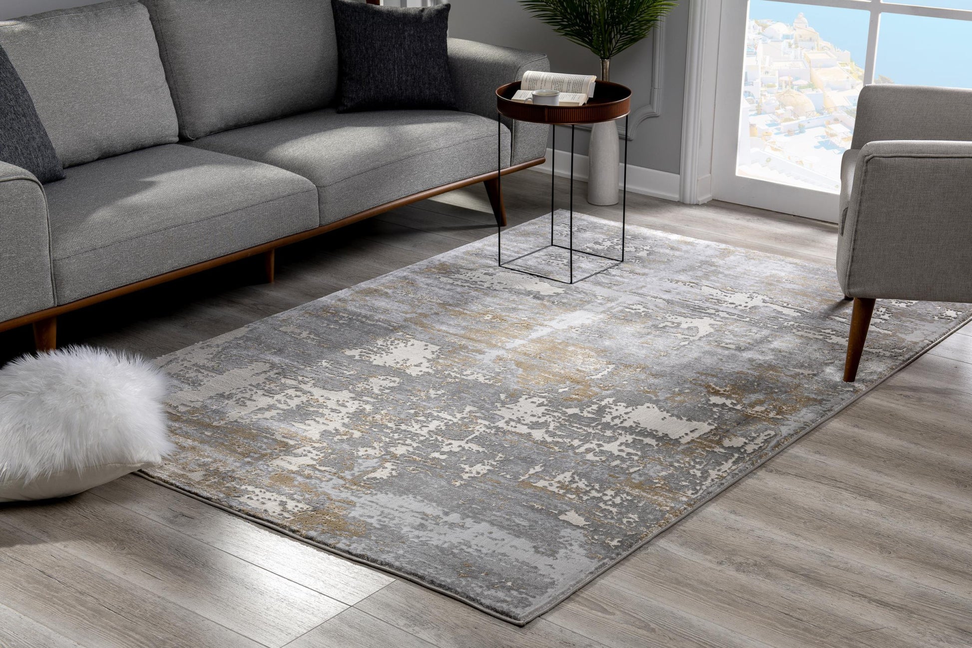 4' X 6' Beige And Gray Distressed Area Rug-Area Rugs-DECOROLALA