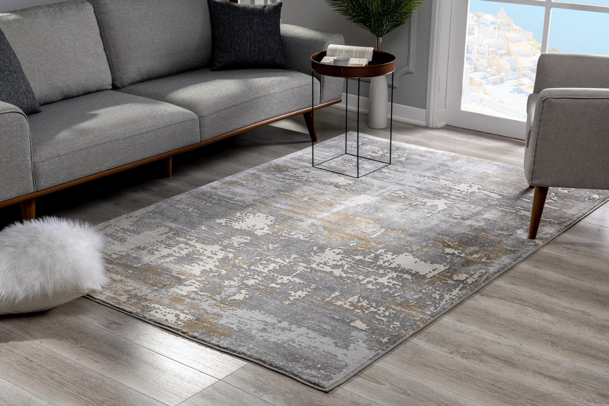 4' X 6' Beige And Gray Distressed Area Rug-Area Rugs-DECOROLALA