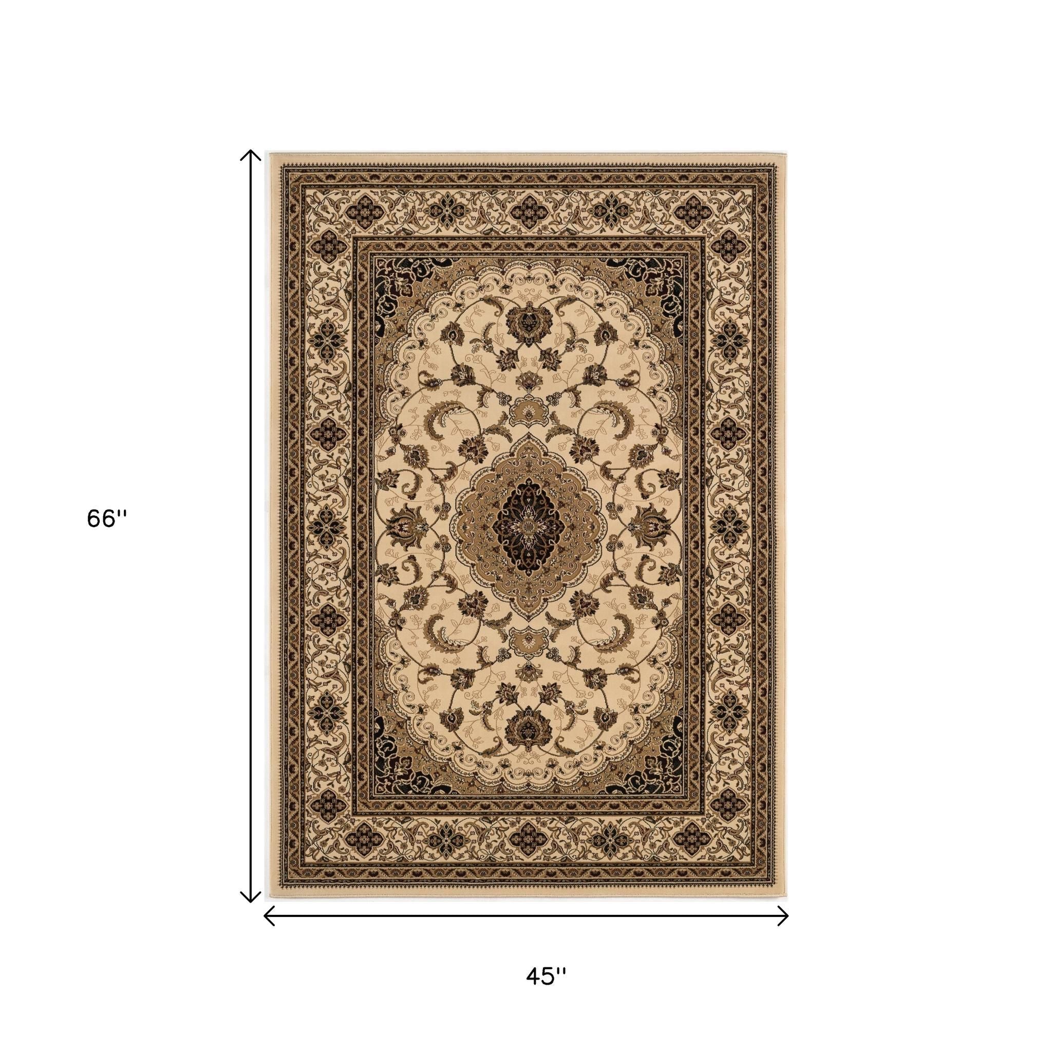 4' X 6' Beige and Black Floral Medallion Power Loom Area Rug-Area Rugs-DECOROLALA