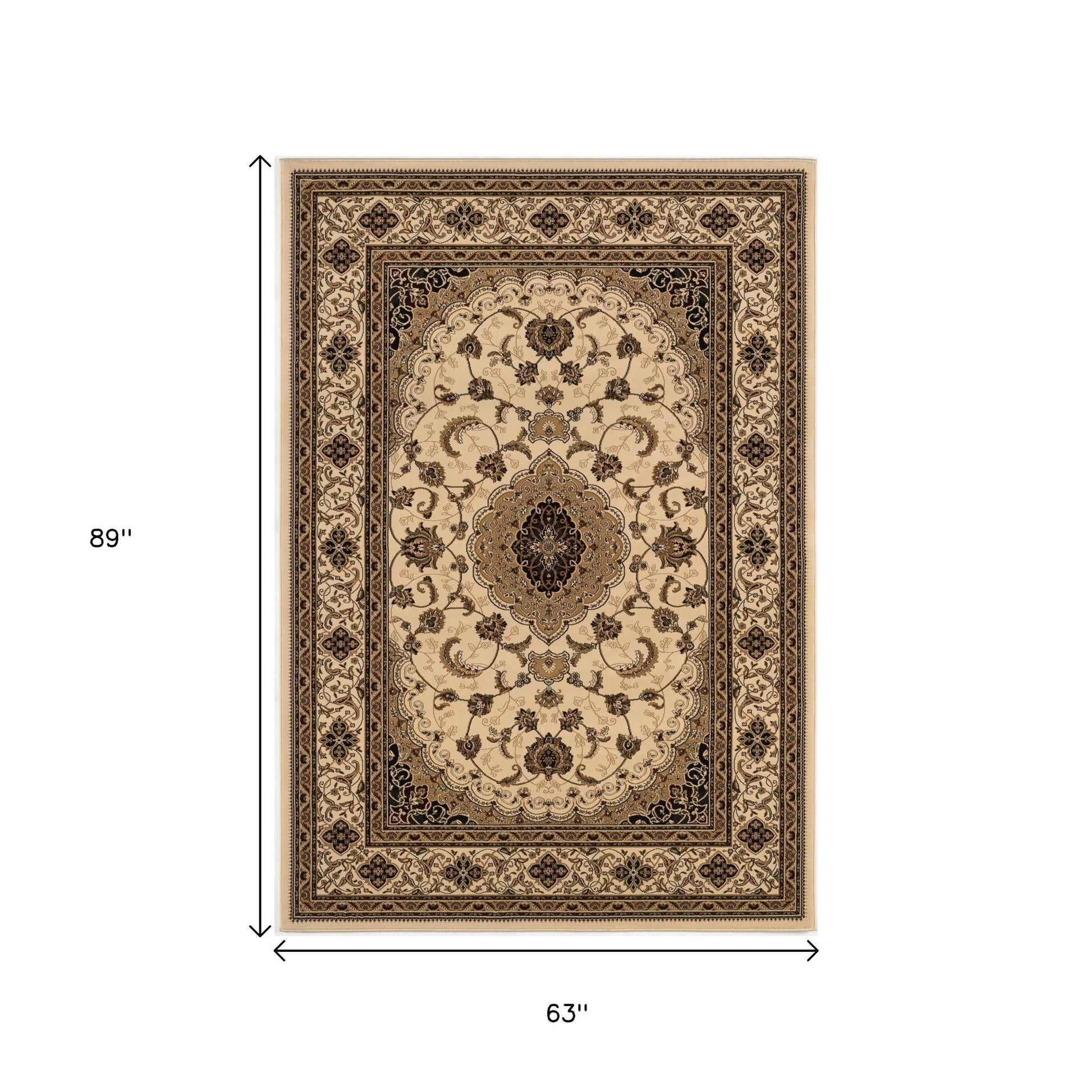 4' X 6' Beige and Black Floral Medallion Power Loom Area Rug-Area Rugs-DECOROLALA