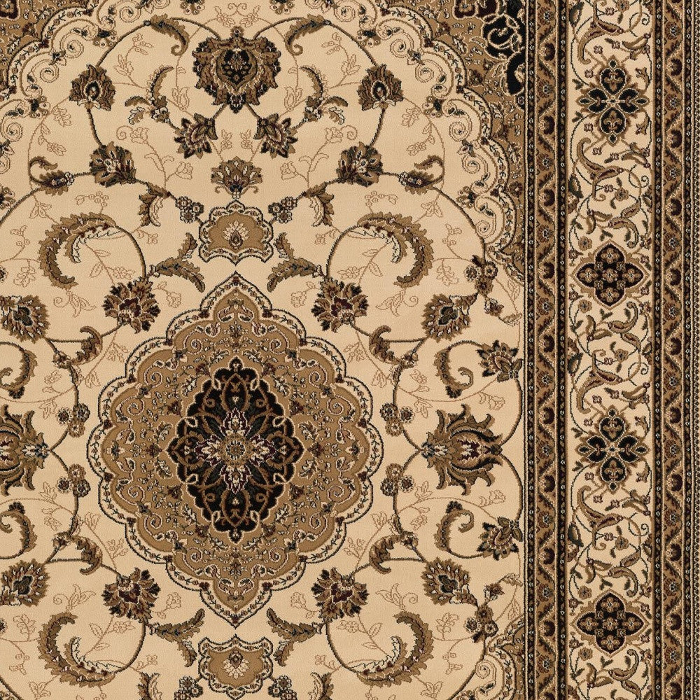 4' X 6' Beige and Black Floral Medallion Power Loom Area Rug-Area Rugs-DECOROLALA