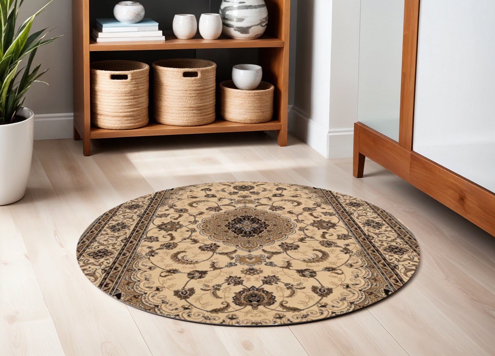 4' X 6' Beige and Black Floral Medallion Power Loom Area Rug-Area Rugs-DECOROLALA