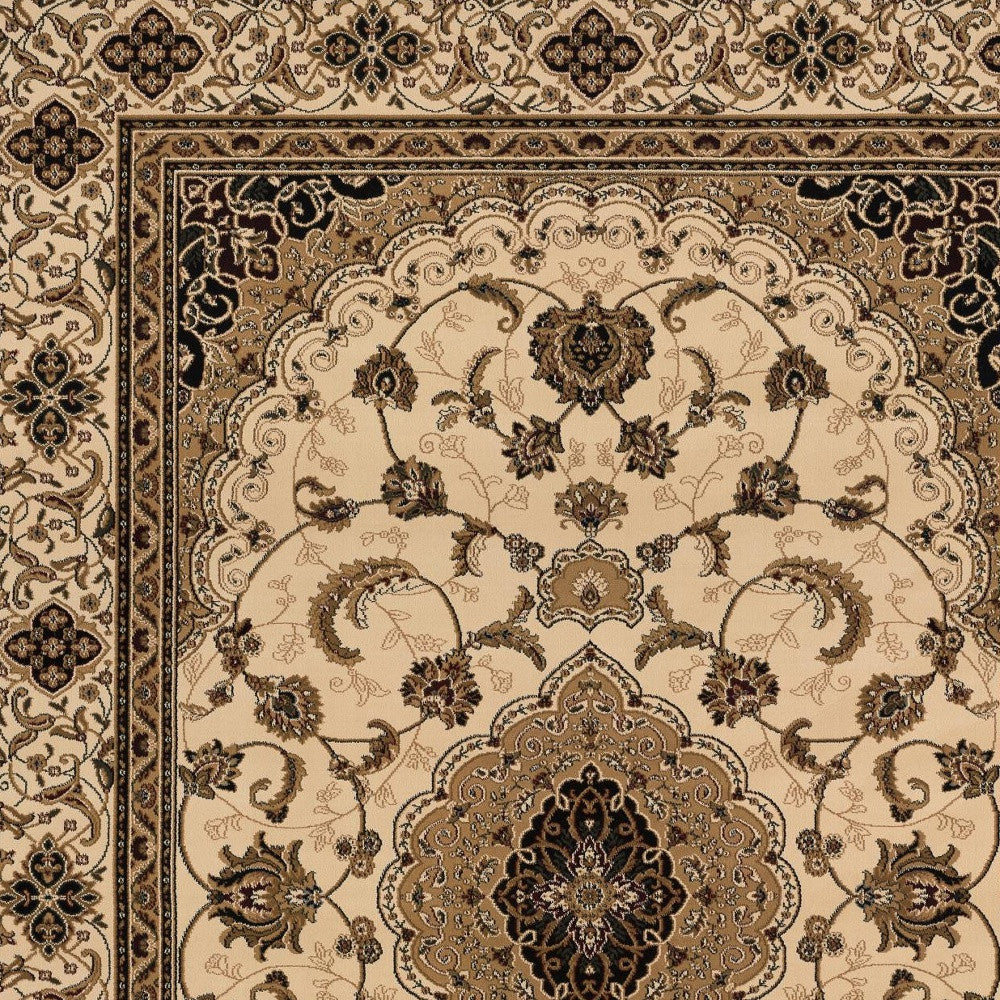 4' X 6' Beige and Black Floral Medallion Power Loom Area Rug-Area Rugs-DECOROLALA