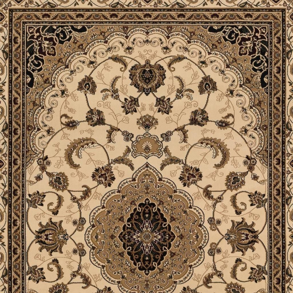 4' X 6' Beige and Black Floral Medallion Power Loom Area Rug-Area Rugs-DECOROLALA