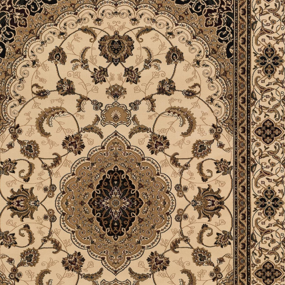 4' X 6' Beige and Black Floral Medallion Power Loom Area Rug-Area Rugs-DECOROLALA