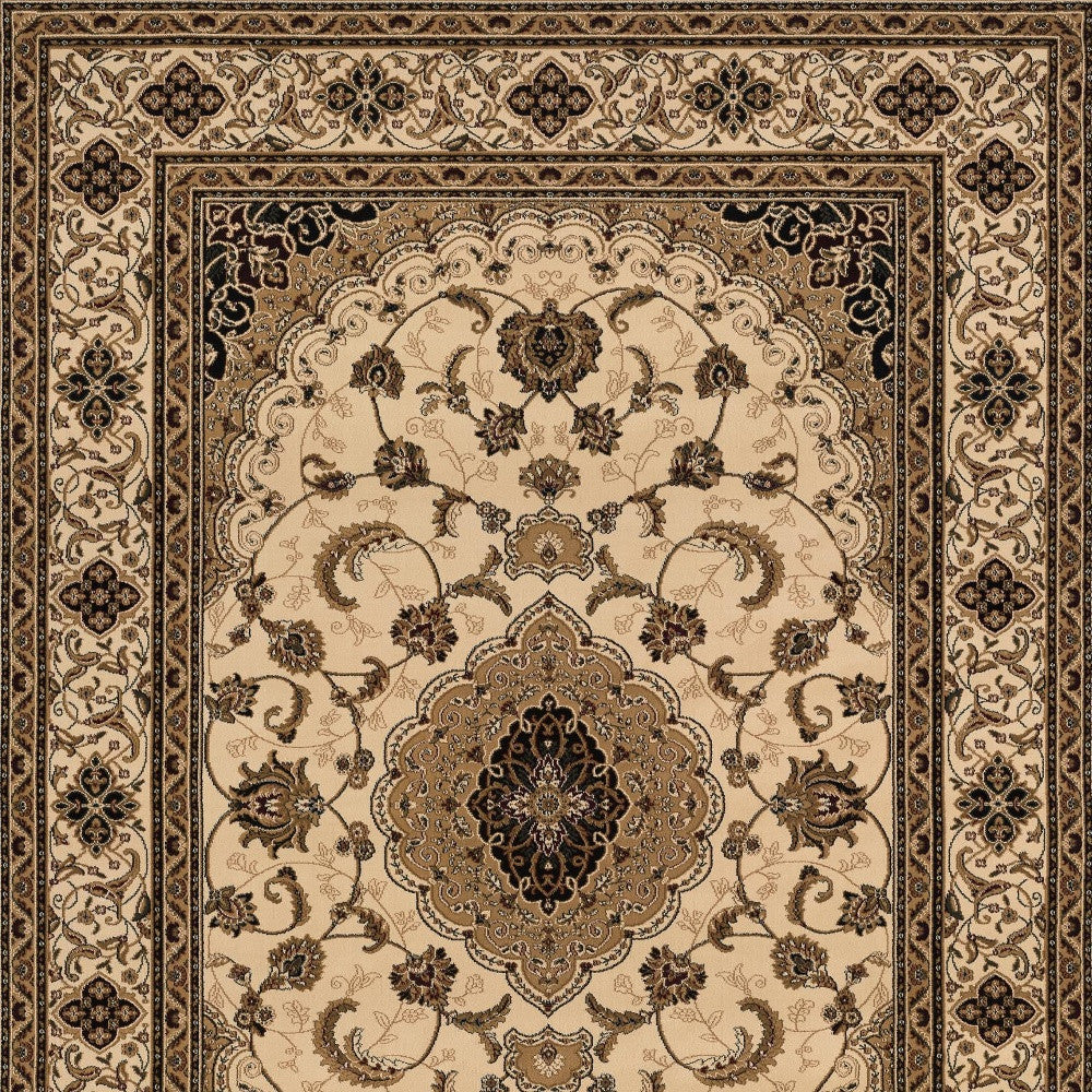 4' X 6' Beige and Black Floral Medallion Power Loom Area Rug-Area Rugs-DECOROLALA