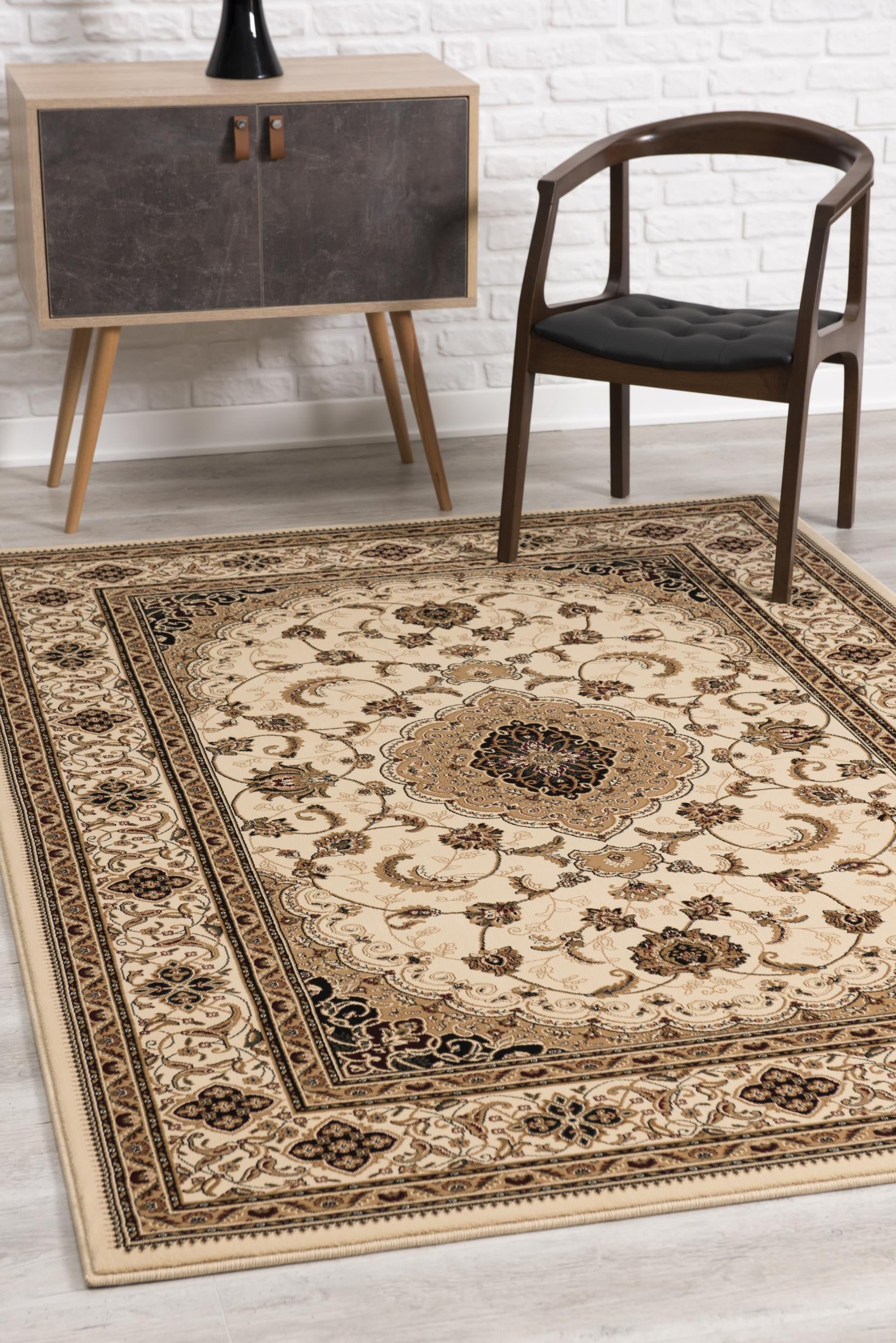 4' X 6' Beige and Black Floral Medallion Power Loom Area Rug-Area Rugs-DECOROLALA