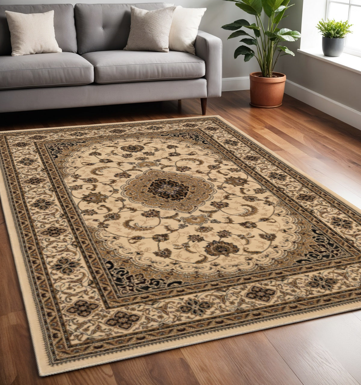 4' X 6' Beige and Black Floral Medallion Power Loom Area Rug-Area Rugs-DECOROLALA
