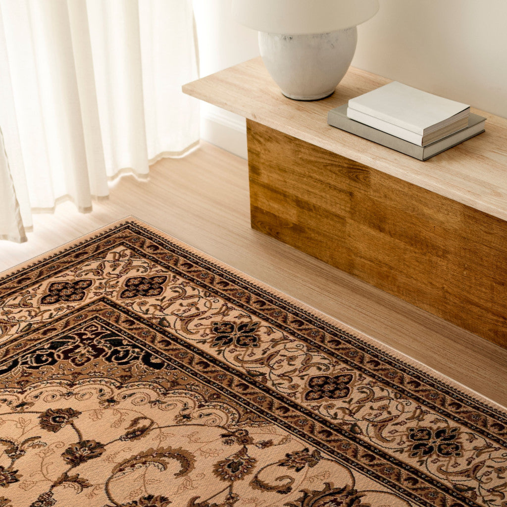 4' X 6' Beige and Black Floral Medallion Power Loom Area Rug-Area Rugs-DECOROLALA