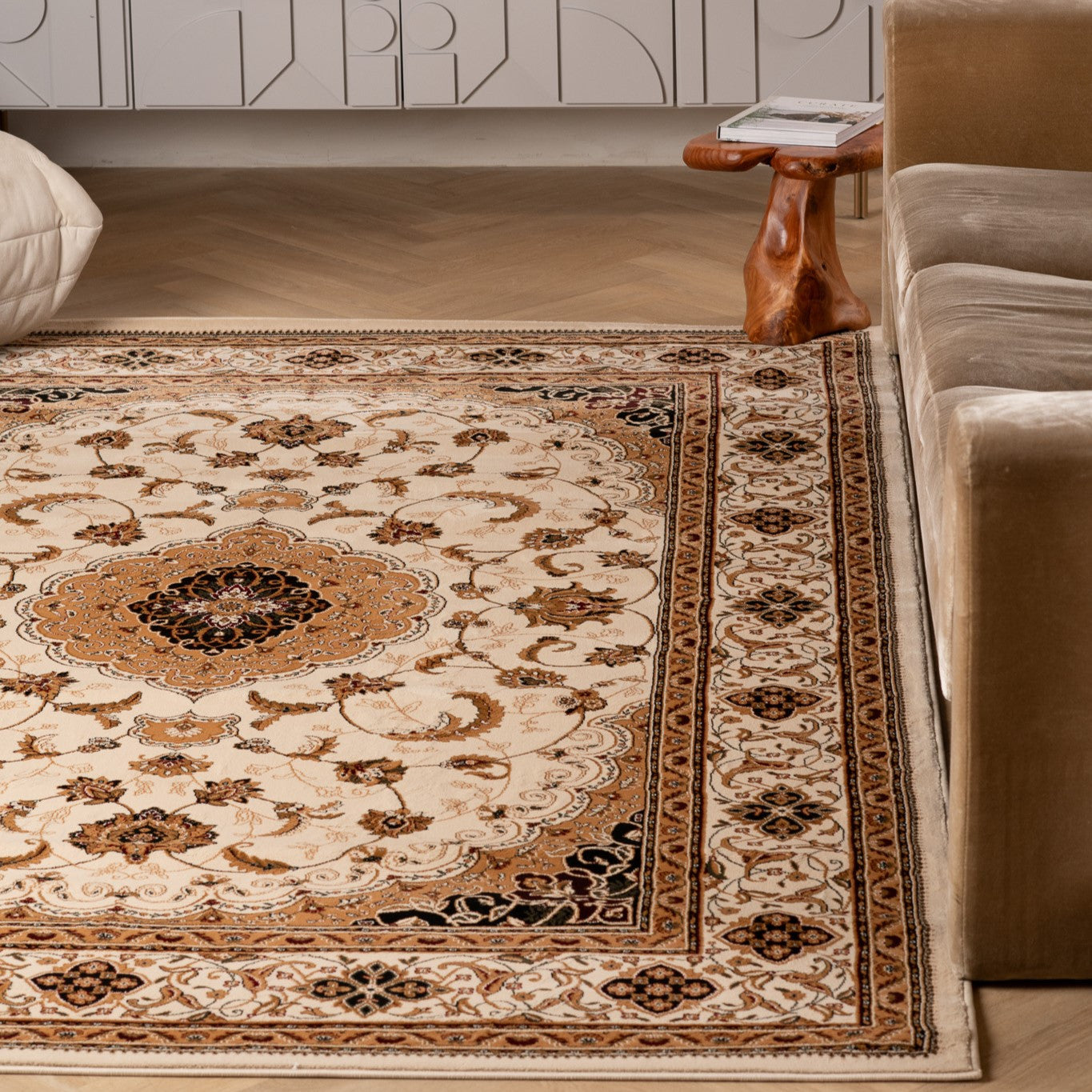4' X 6' Beige and Black Floral Medallion Power Loom Area Rug-Area Rugs-DECOROLALA