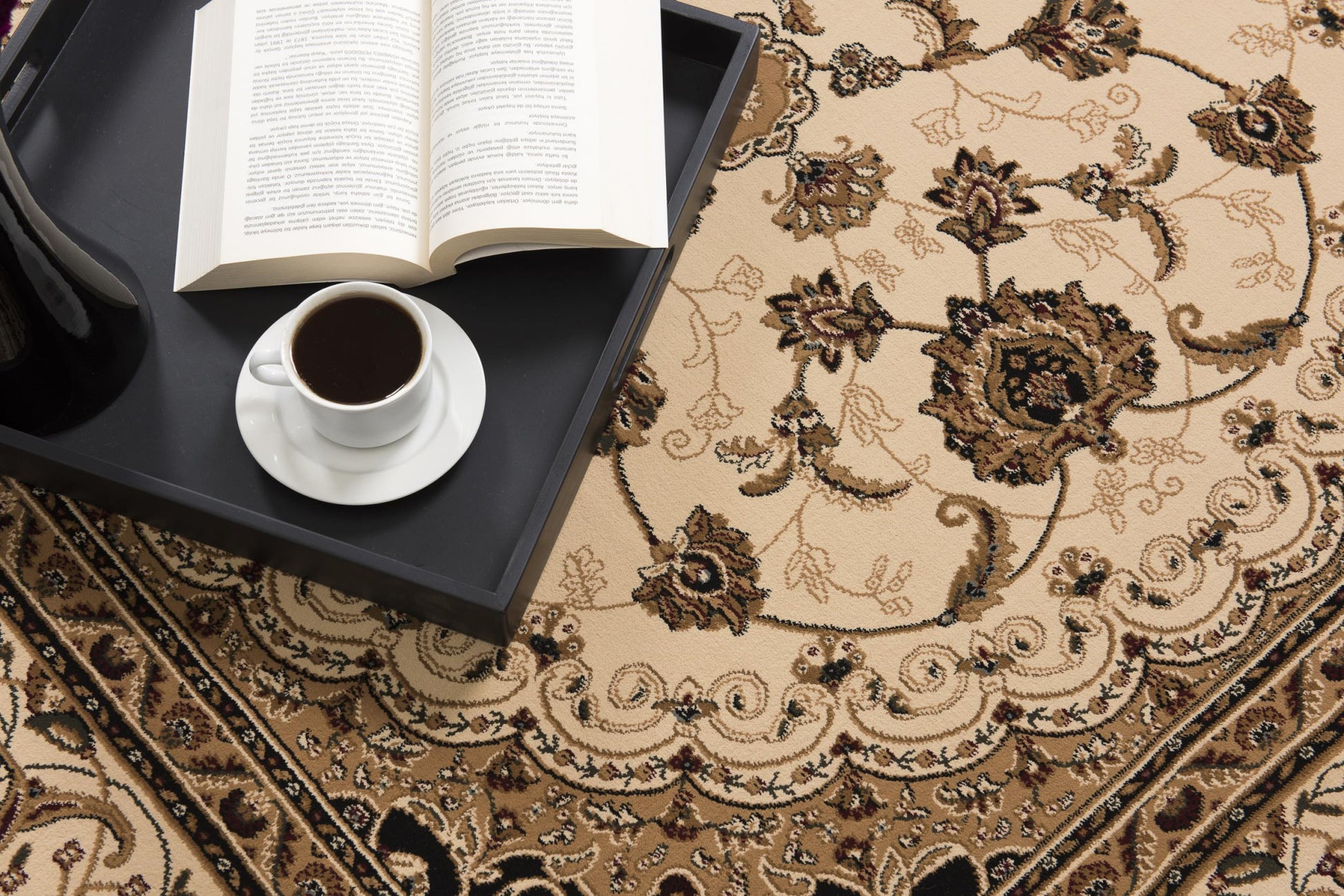 4' X 6' Beige and Black Floral Medallion Power Loom Area Rug-Area Rugs-DECOROLALA