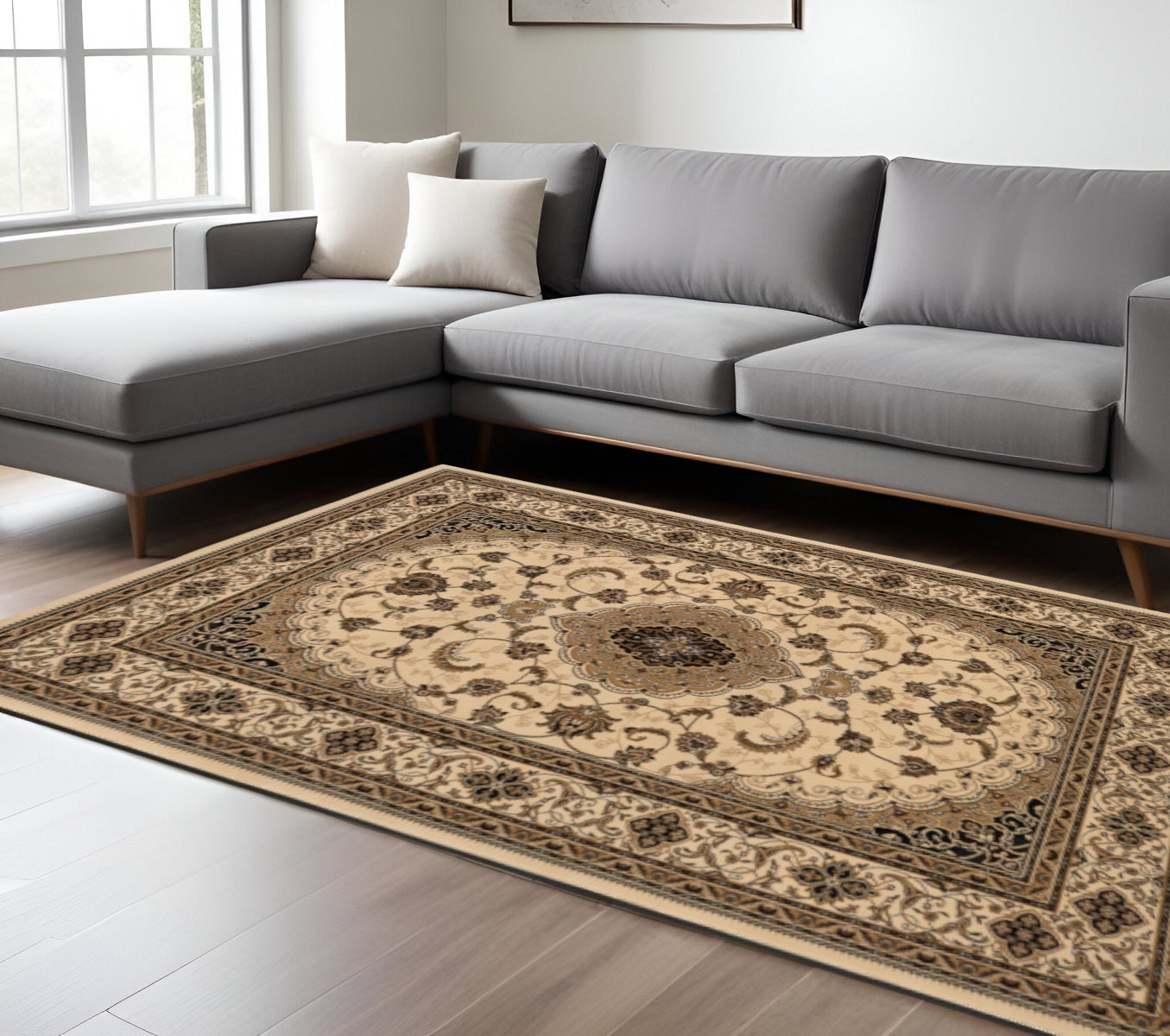 4' X 6' Beige and Black Floral Medallion Power Loom Area Rug-Area Rugs-DECOROLALA