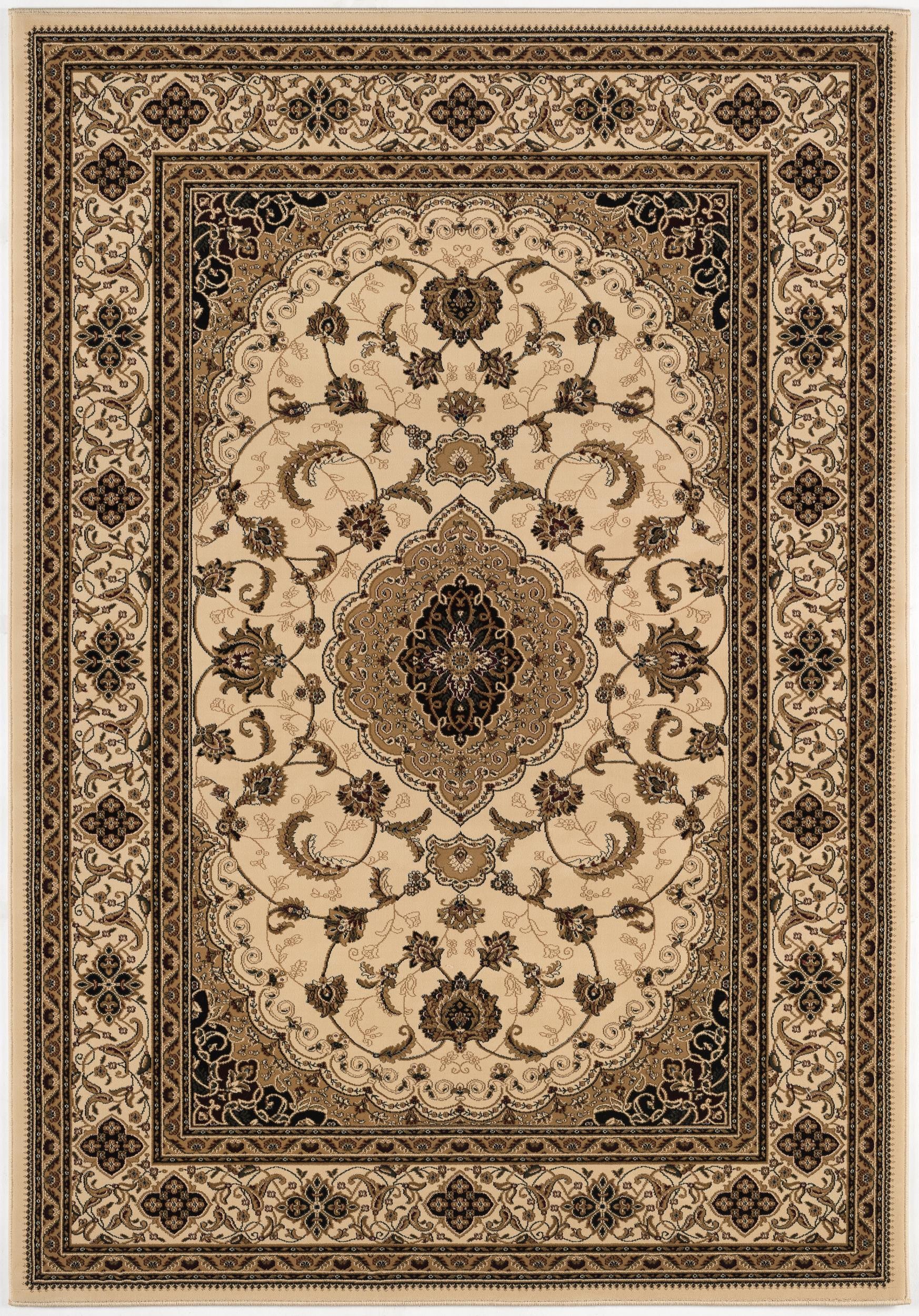 4' X 6' Beige and Black Floral Medallion Power Loom Area Rug-Area Rugs-DECOROLALA