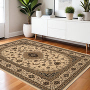 4' X 6' Beige and Black Floral Medallion Power Loom Area Rug-Area Rugs-DECOROLALA