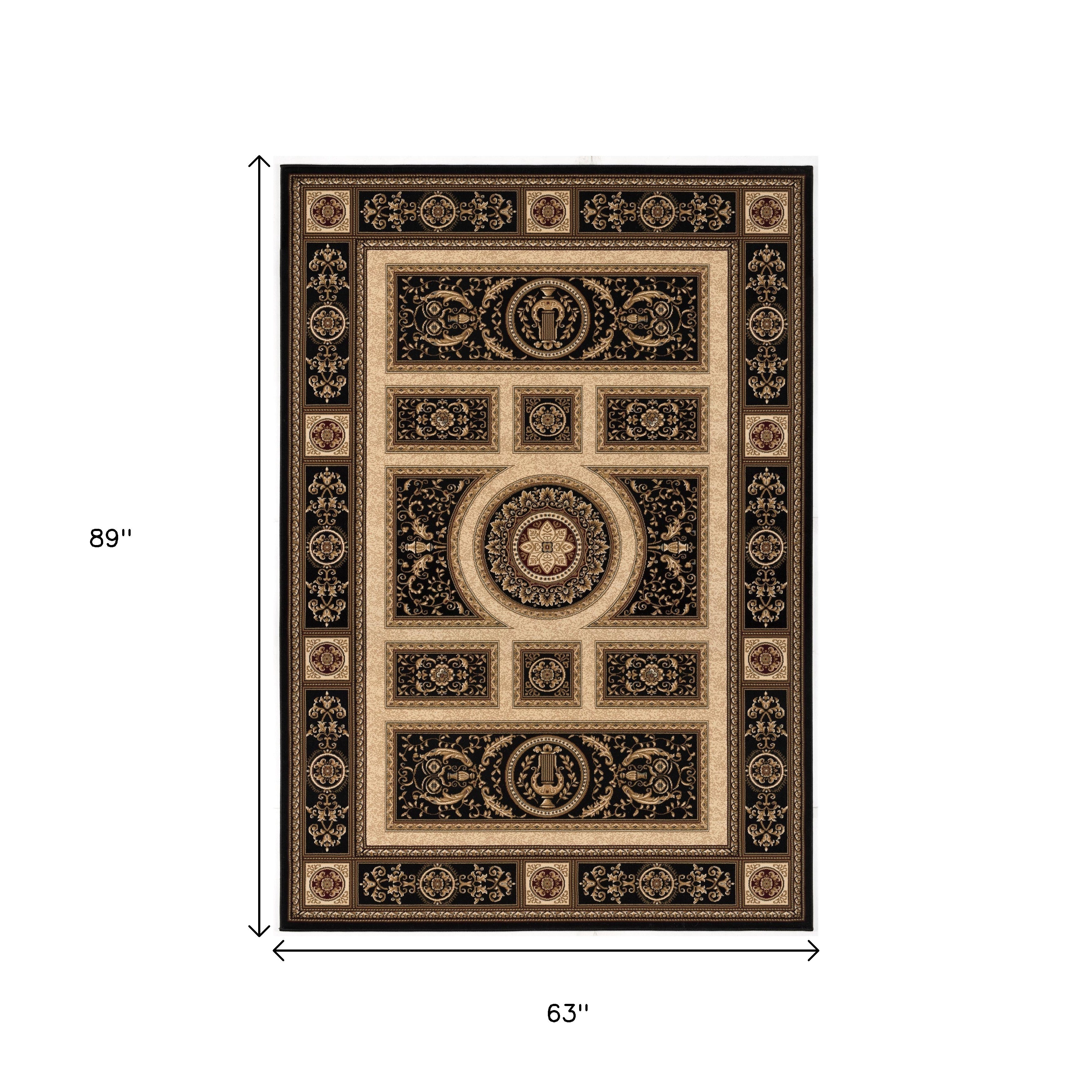 4' X 6' Beige and Black Oriental Power Loom Area Rug-Area Rugs-DECOROLALA