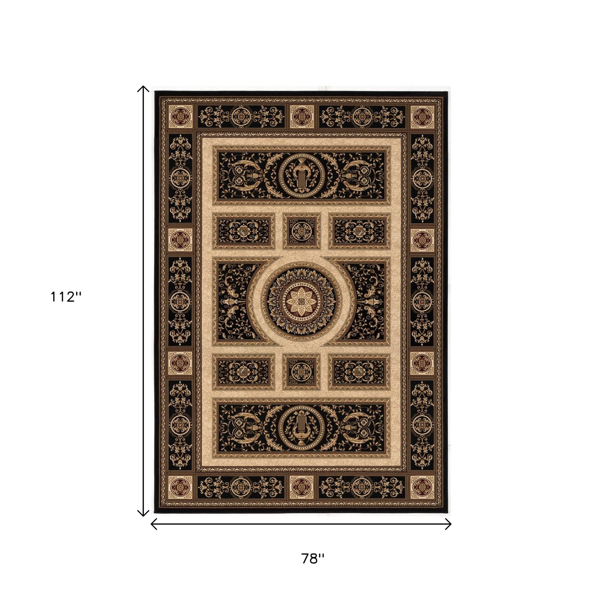 4' X 6' Beige and Black Oriental Power Loom Area Rug-Area Rugs-DECOROLALA