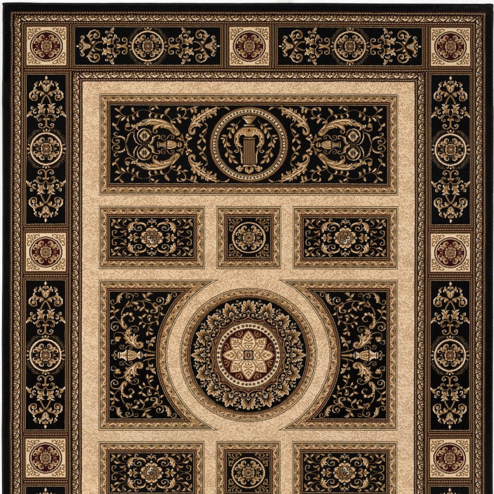4' X 6' Beige and Black Oriental Power Loom Area Rug-Area Rugs-DECOROLALA