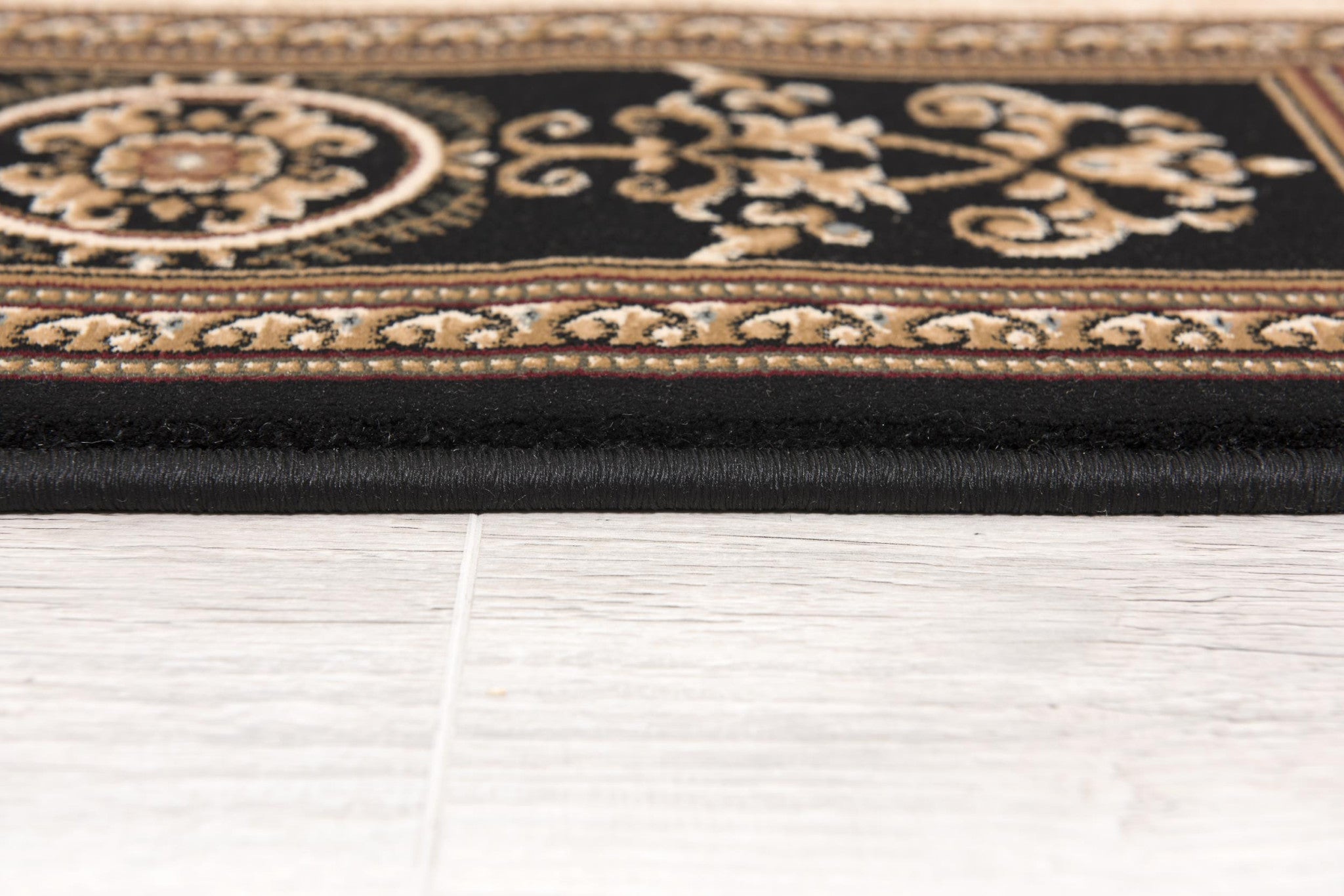 4' X 6' Beige and Black Oriental Power Loom Area Rug-Area Rugs-DECOROLALA