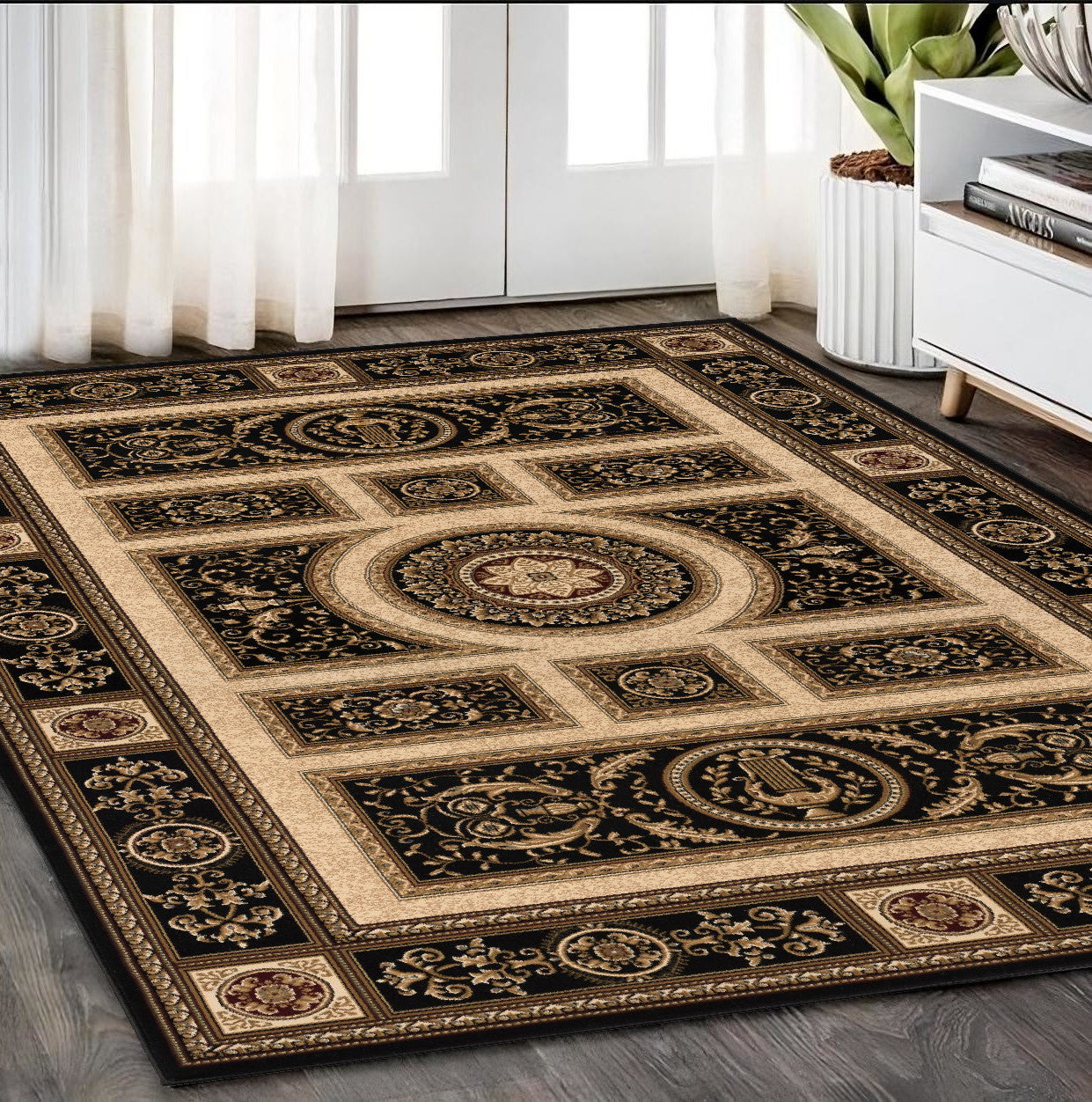 4' X 6' Beige and Black Oriental Power Loom Area Rug-Area Rugs-DECOROLALA