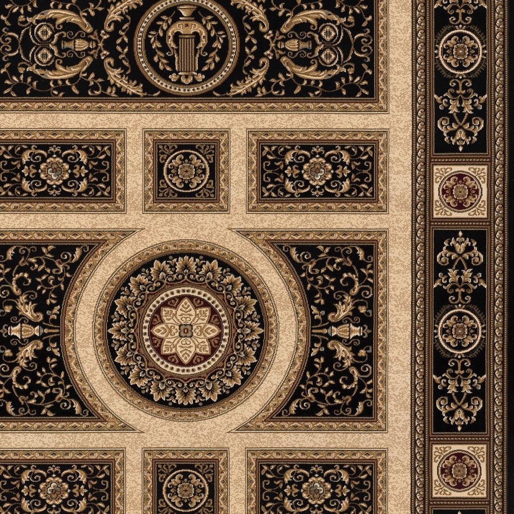 4' X 6' Beige and Black Oriental Power Loom Area Rug-Area Rugs-DECOROLALA