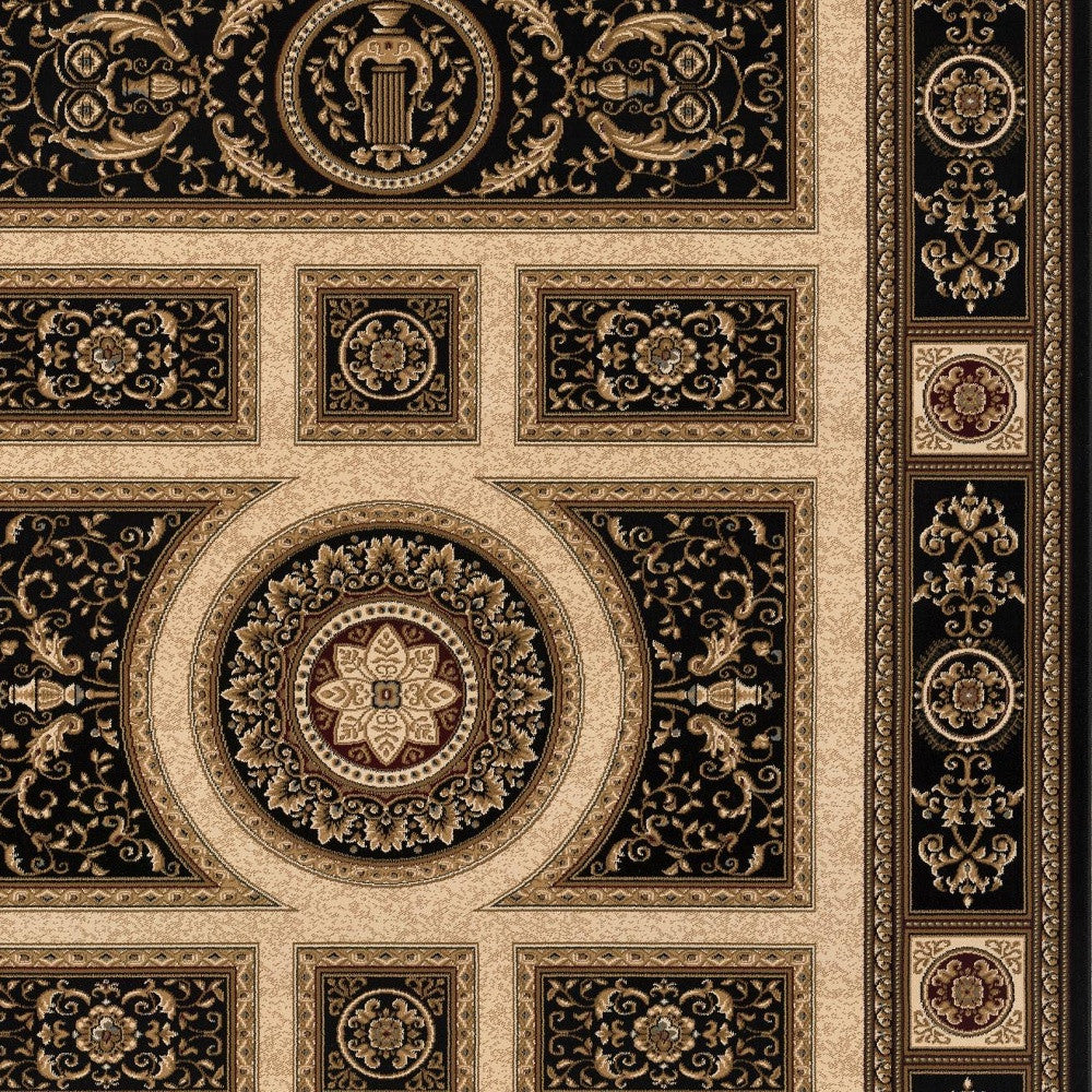 4' X 6' Beige and Black Oriental Power Loom Area Rug-Area Rugs-DECOROLALA