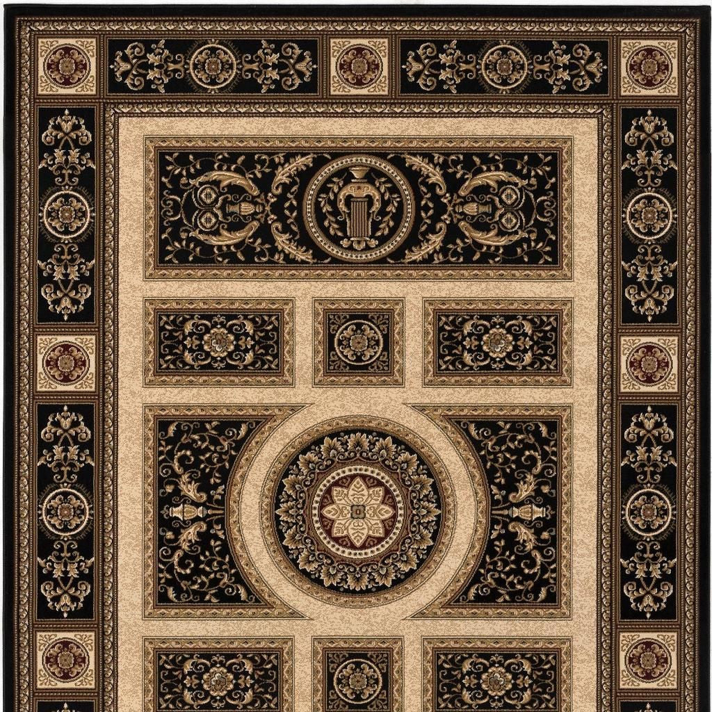 4' X 6' Beige and Black Oriental Power Loom Area Rug-Area Rugs-DECOROLALA