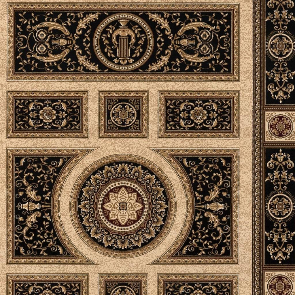 4' X 6' Beige and Black Oriental Power Loom Area Rug-Area Rugs-DECOROLALA