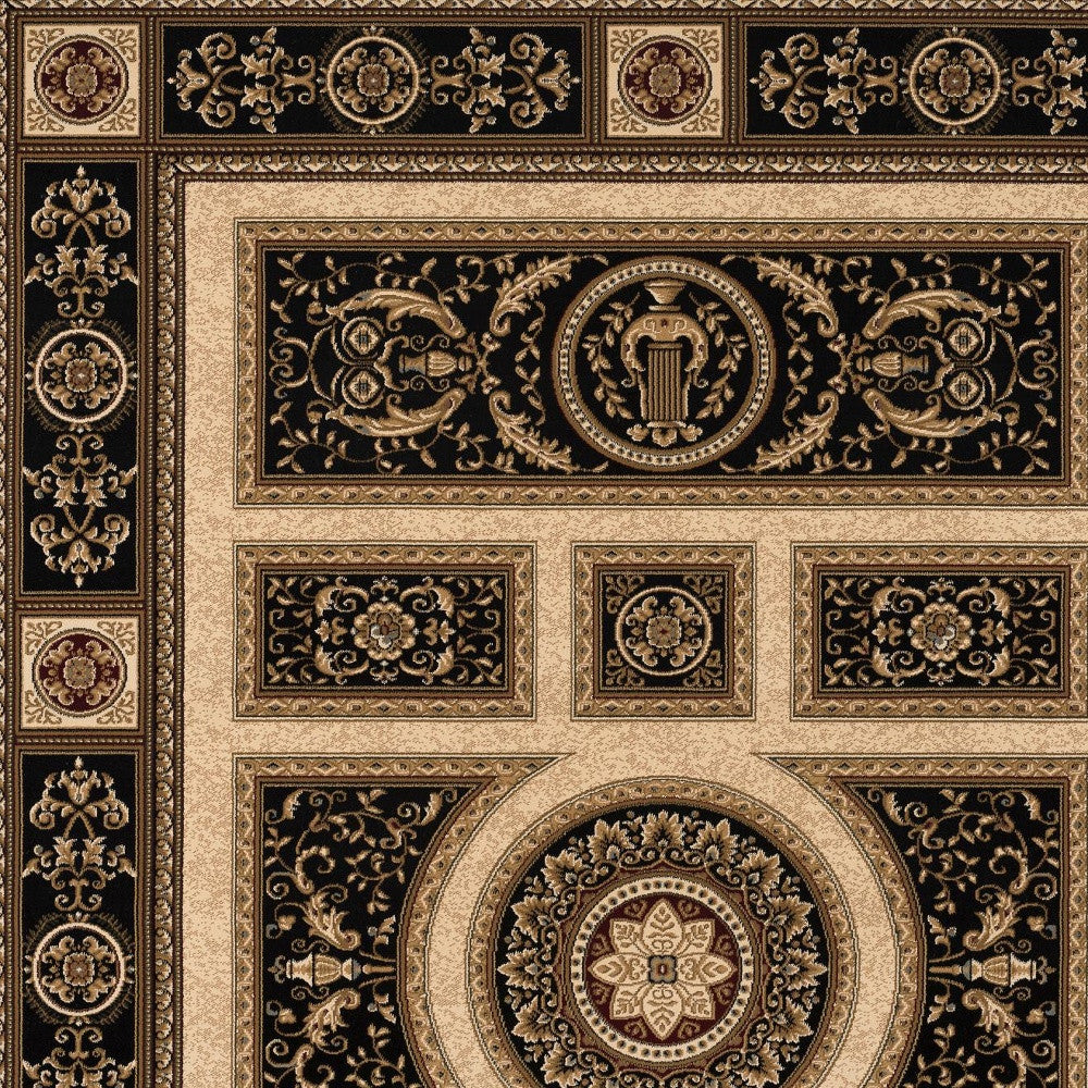 4' X 6' Beige and Black Oriental Power Loom Area Rug-Area Rugs-DECOROLALA