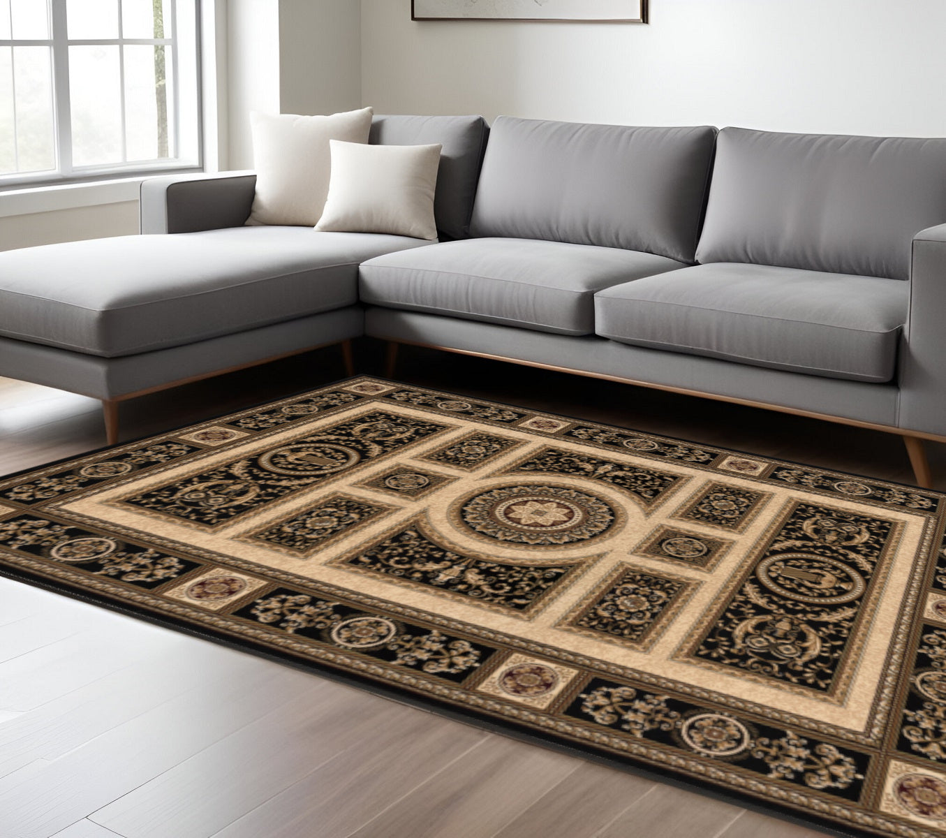 4' X 6' Beige and Black Oriental Power Loom Area Rug-Area Rugs-DECOROLALA