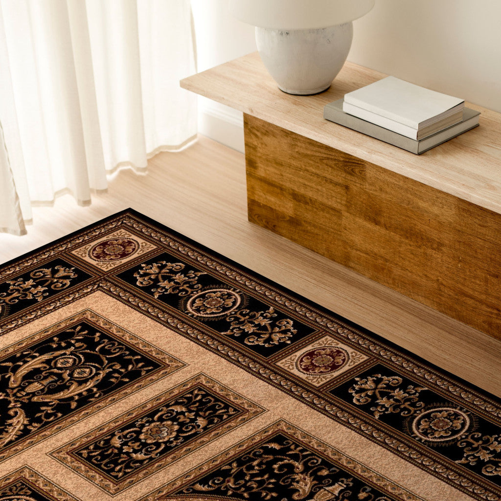 4' X 6' Beige and Black Oriental Power Loom Area Rug-Area Rugs-DECOROLALA