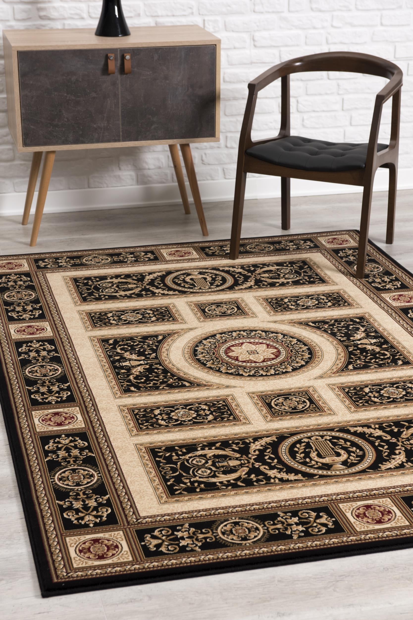 4' X 6' Beige and Black Oriental Power Loom Area Rug-Area Rugs-DECOROLALA
