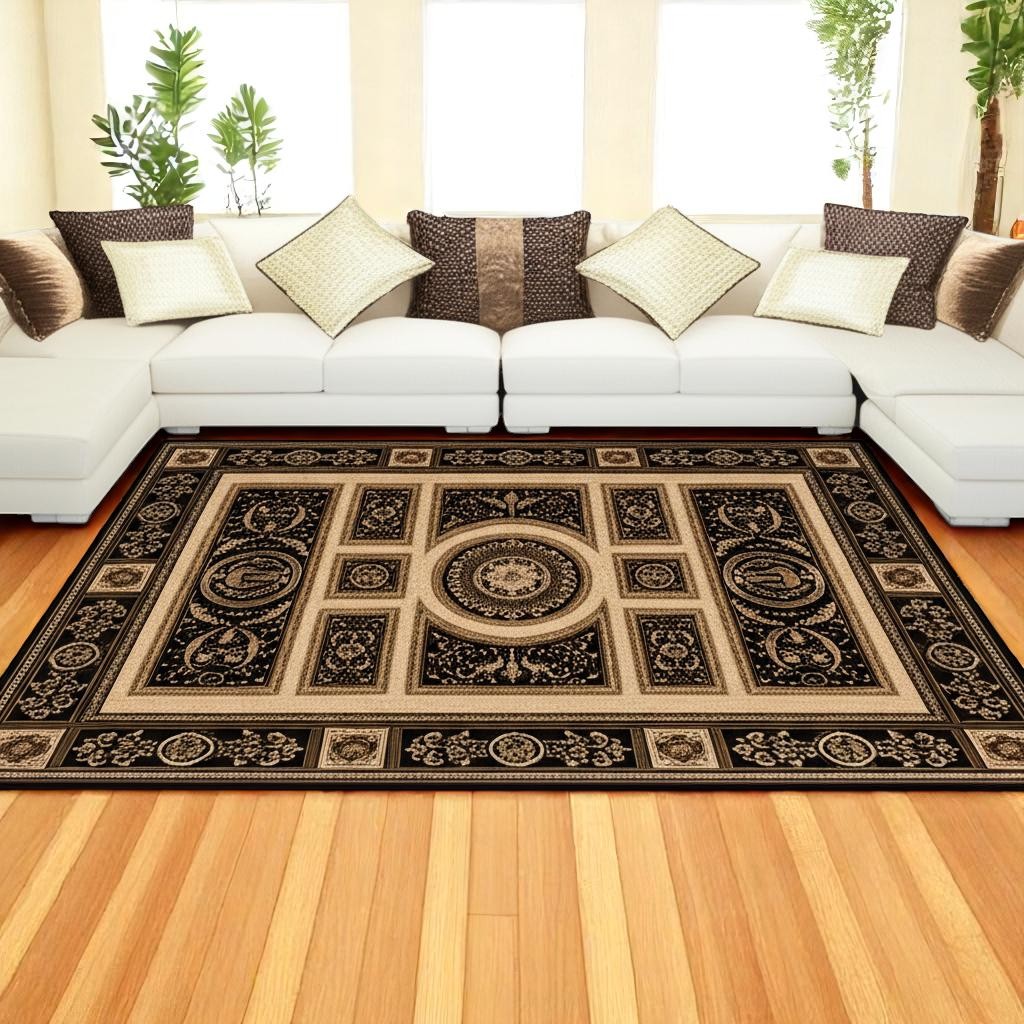 4' X 6' Beige and Black Oriental Power Loom Area Rug-Area Rugs-DECOROLALA