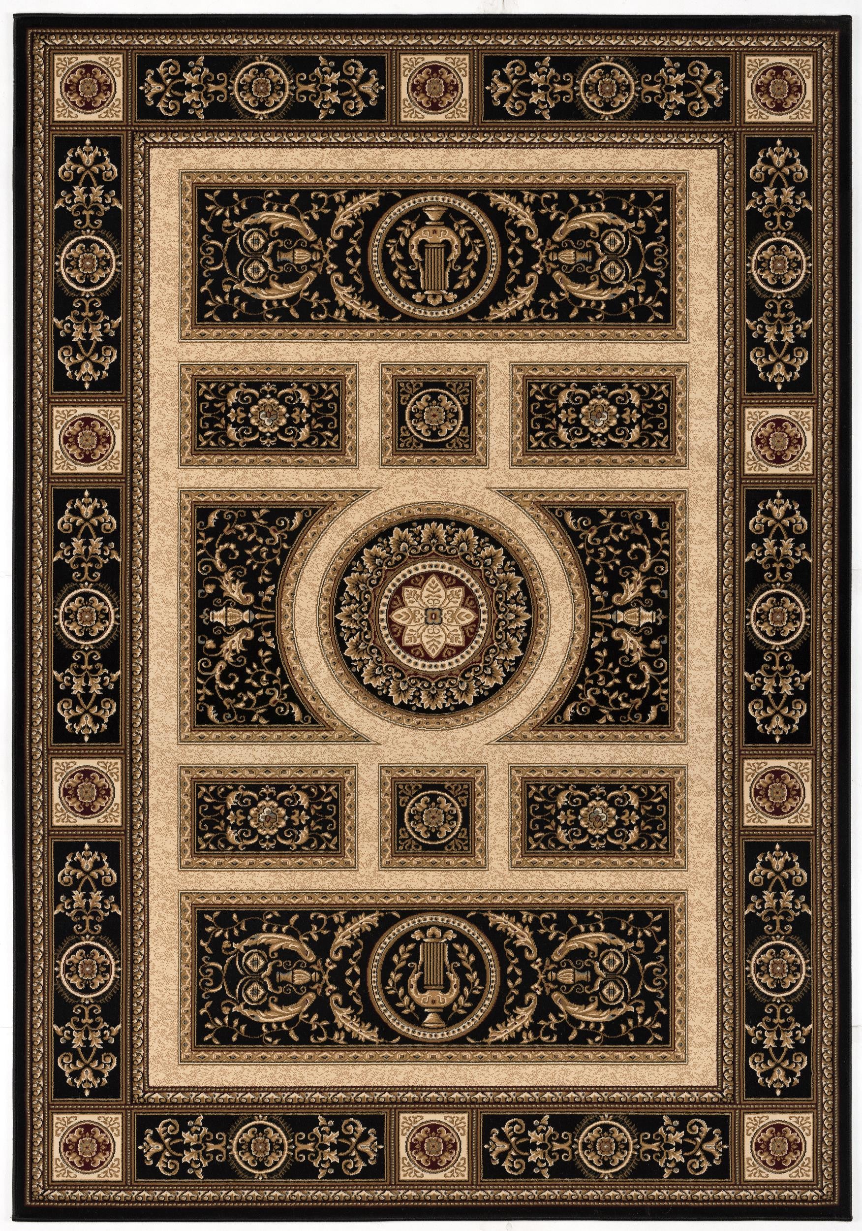 4' X 6' Beige and Black Oriental Power Loom Area Rug-Area Rugs-DECOROLALA