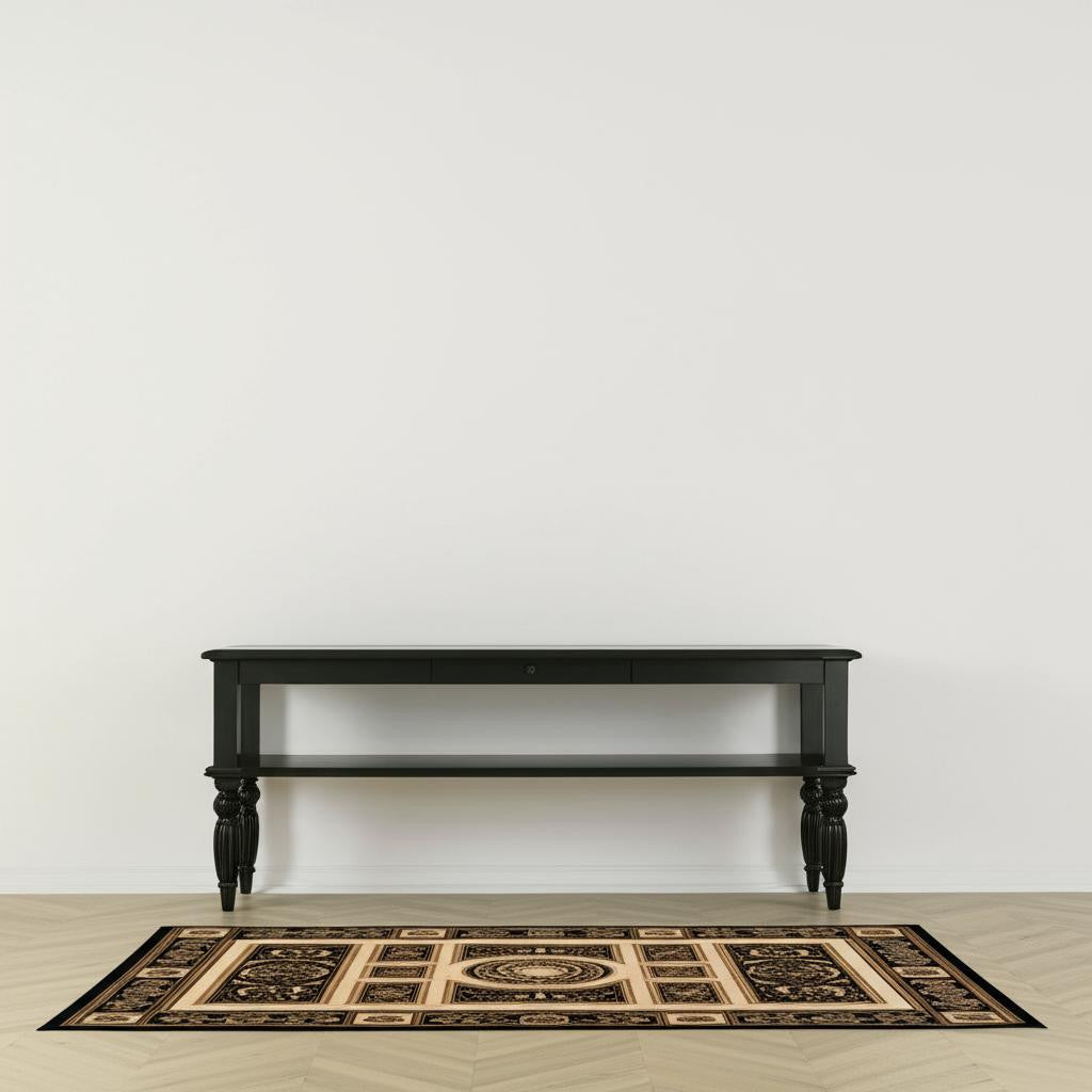 4' X 6' Beige and Black Oriental Power Loom Area Rug-Area Rugs-DECOROLALA
