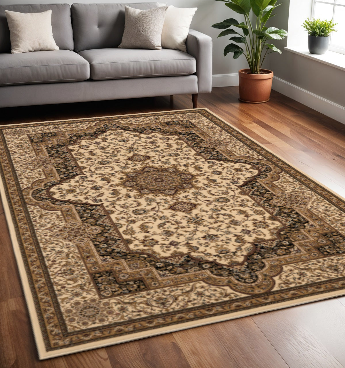 4' X 6' Black And Ivory Oriental Area Rug-Area Rugs-DECOROLALA