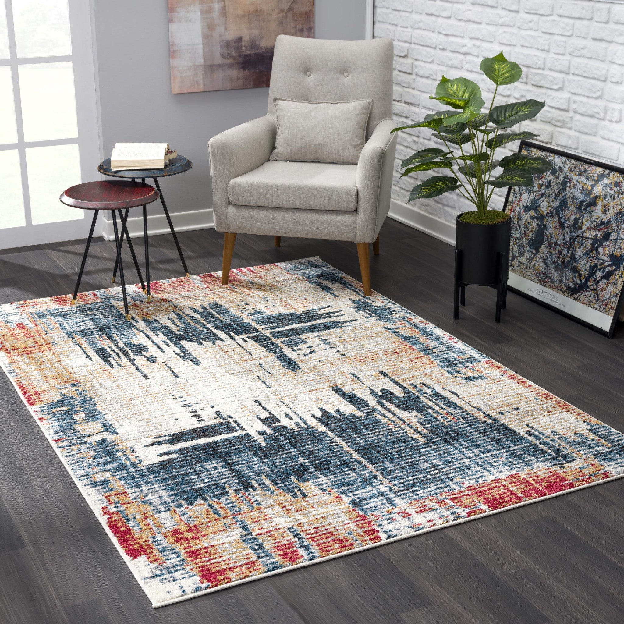 4' X 6' Blue And Ivory Abstract Area Rug-Area Rugs-DECOROLALA