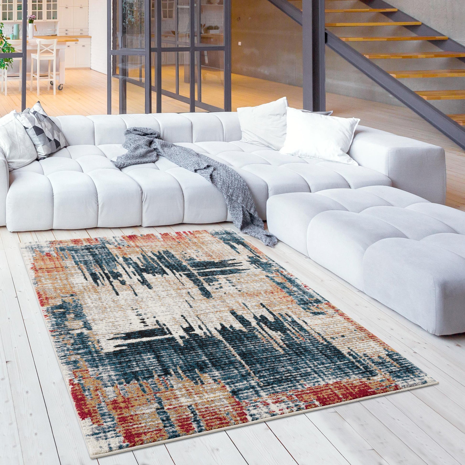 4' X 6' Blue And Ivory Abstract Area Rug-Area Rugs-DECOROLALA