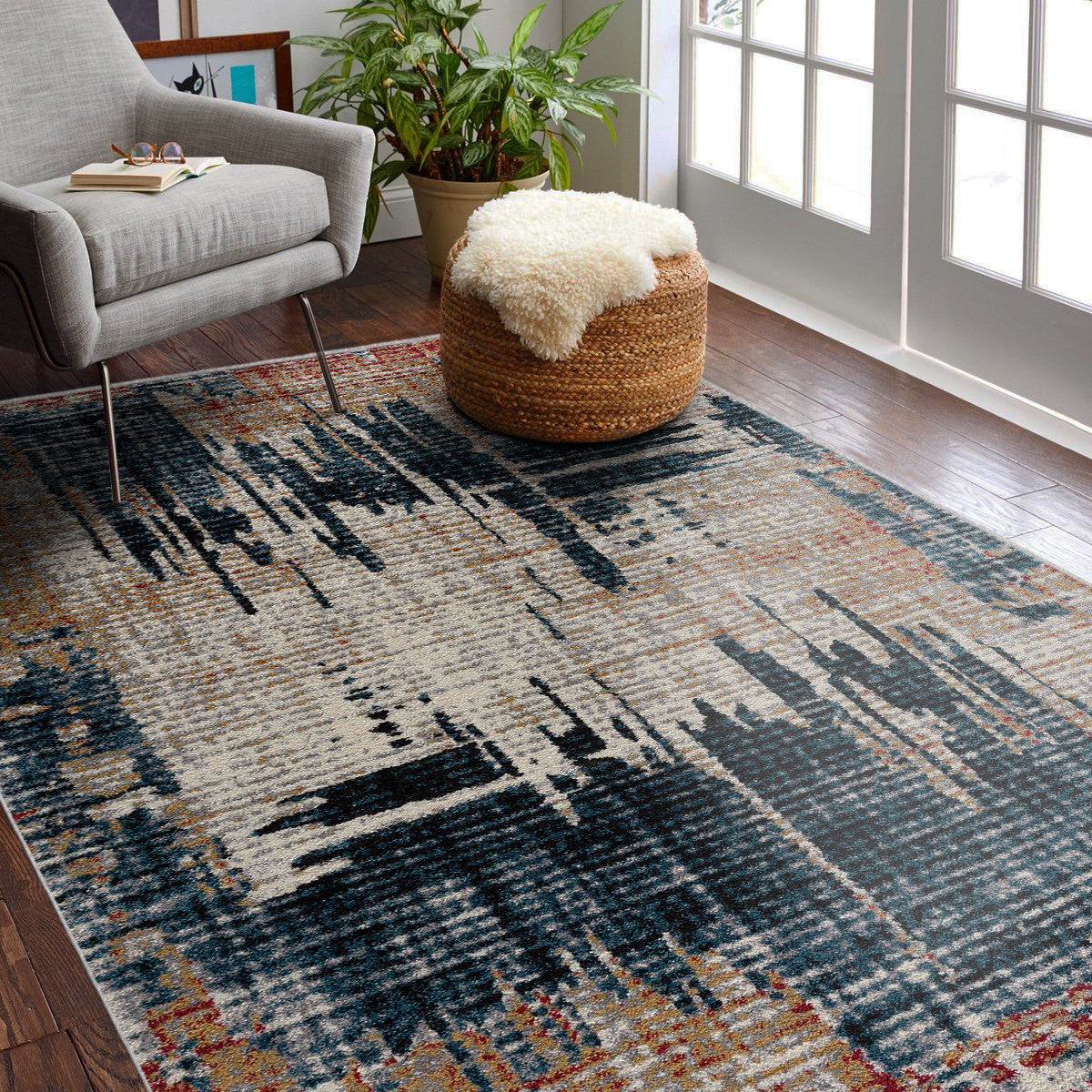 4' X 6' Blue And Ivory Abstract Area Rug-Area Rugs-DECOROLALA